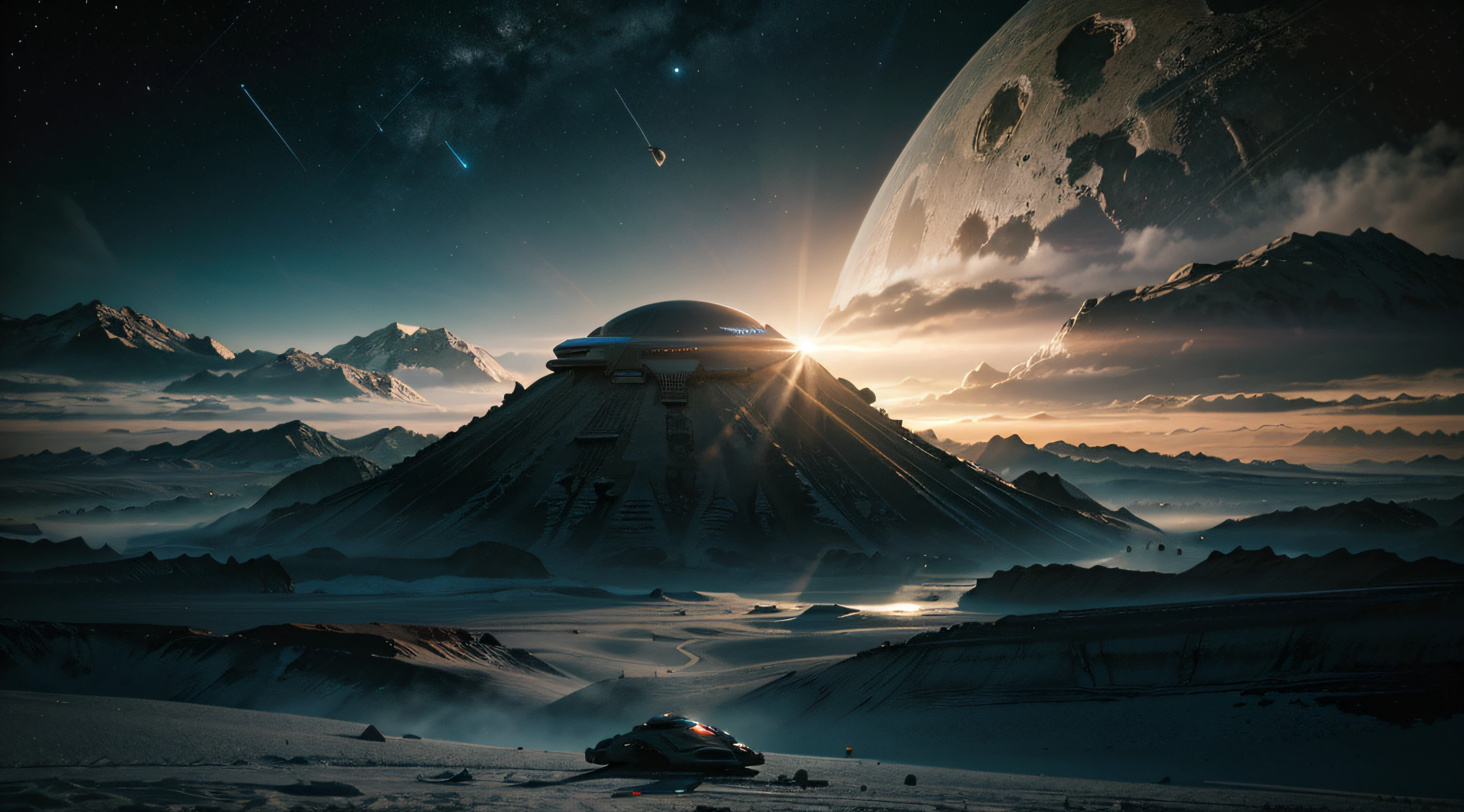 Create an alien landscape with alien beings and spaceships