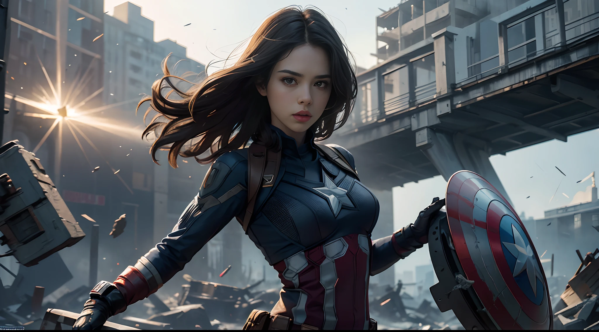 1girl, full body shot, Haley atwell as Captain America (from MCU), ((wearing Captain America suit)),  look at viewer, dynamic pose, (random angles), (masterpiece, best quality, detailed cloth texture, beautiful detailed face, intricate details, ultra detailed),  curly black hair, short hair, crumbling debris,epic battle,shattered glass,flying debris,studio lighting,colorful comic book style,superhero action,shadow and light interplay,contrasting colors,emotive art style, (Best quality, A high resolution, Photorealistic, primitive, 8K,Masterpiece, ),Best quality, Masterpiec8K.hdr. High ribs:1.2, filmgrain, Blur bokeh:1.2, Lens flare, (vivd colour:1.2), (Delicate),