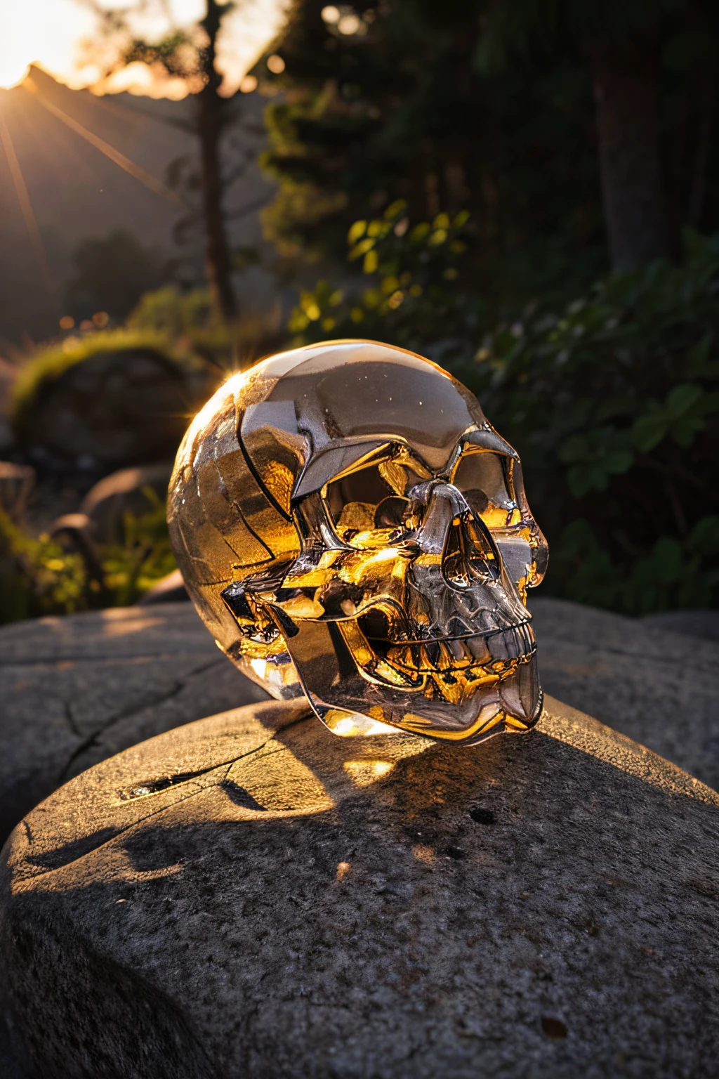 A magnificent and detailed crystal skull placed on a rock, we see the sun setting through transparency inside the skull