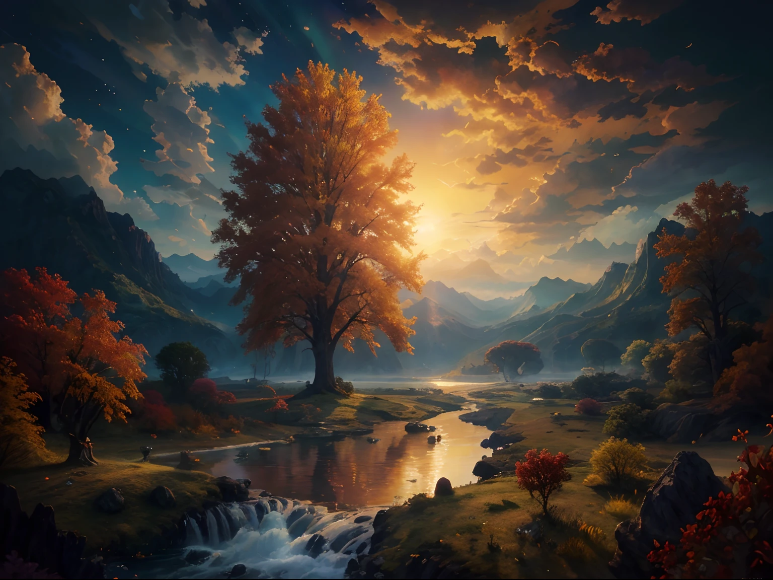 Painting of a sunset with a tree and a river in the foreground, Arte digital altamente detalhada em 4k, epic dreamlike fantasy landscape, Pintura realista de fantasia, epic surrealism 8k oil painting, Bela arte UHD 4K, dreamlike digital painting, paisagem de arte de fantasia, pintura de paisagem de fantasia, 8k arte impressionante, Pintura digital de fantasia, dream scenery art