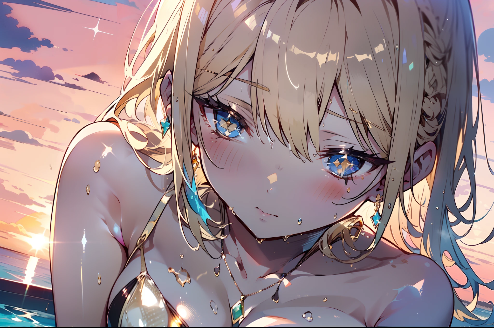 1 beauty, (Light Purple Eyeshadow),platinum-blonde-hair, thick body,thick neck, broad shoulders, Smaller face, Long body, tiny chest, Watery Big Eyes, Toned body, Beautiful constriction, ((Erotic face:1.4)), 涎、long eyelasher, Blushlush, in poolside, Wet whole body, ((Glittering champagne gold colored bikini swimsuit:1.4)), (wet and disheveled hair:1.4), (Dynamic Angle Zoom:1.2), ((Perfect Anatomy:1.2)), (Heavy sweat on the face:1.2), Splattering splashes shine:2, fine splashes on the body, High-speed camera:1.2, (Platinum Necklace and Earrings), (Sunset colored sky:1.4)、Face Zoom:1.4