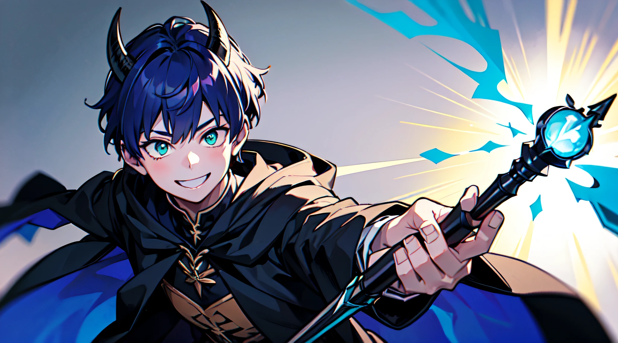 top-quality、masterpiece、Boy with short purple hair、Green eyes、demonic horns、A smile、Harry Potter's black-robed outfit、Battle pose with magic wand、Thumbnail image、The background is solid blue.