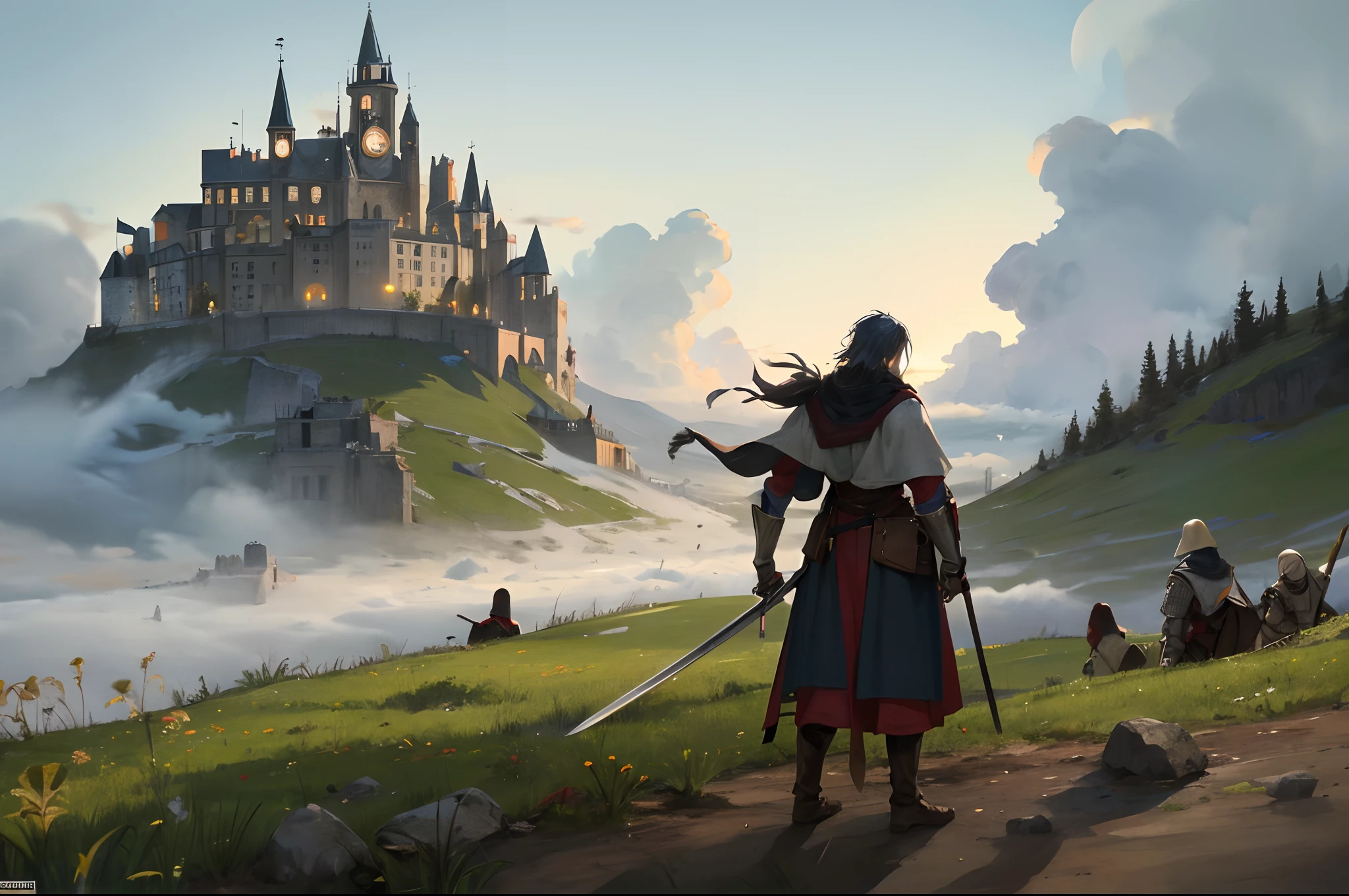 Medieval knights seen on a hill from a village emerging from fog prepared for war