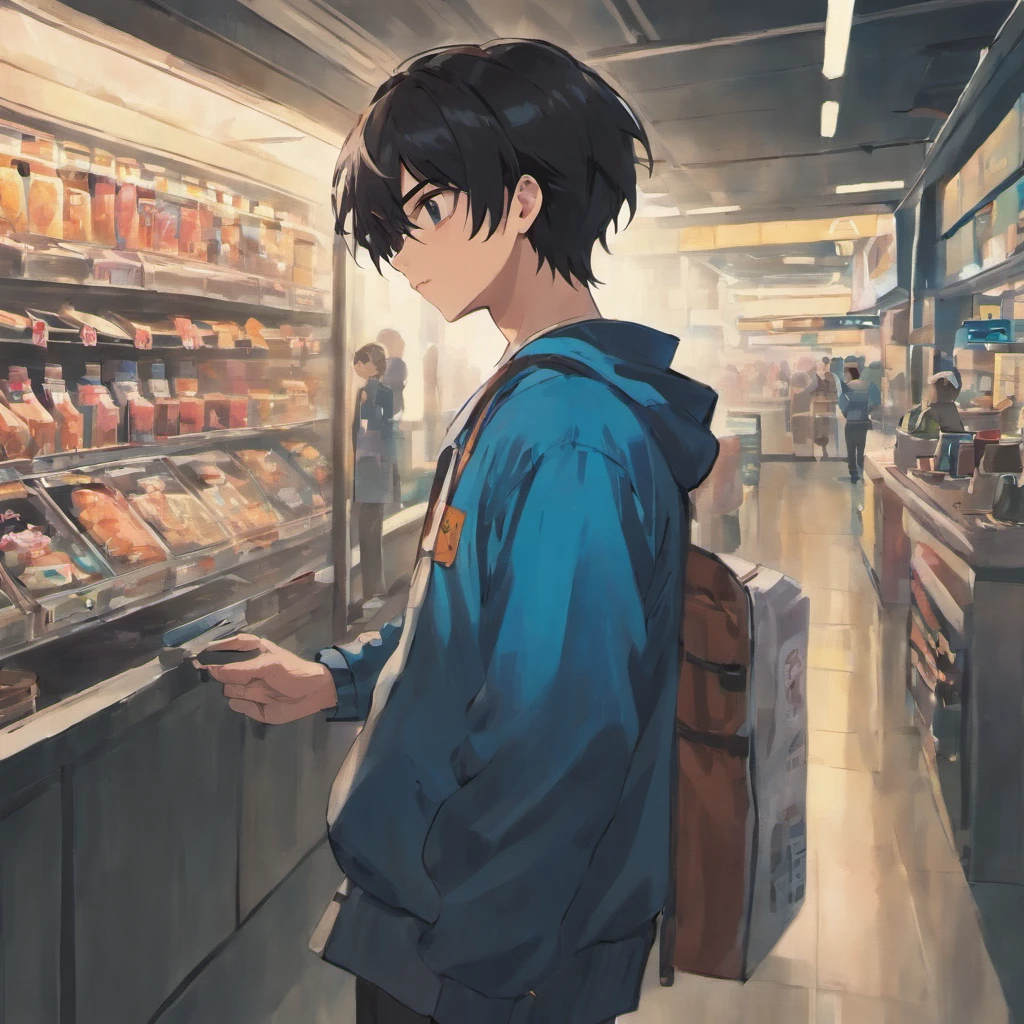 Handsome boy with black hair、Part-time job at a gas station、Blue uniform、Muffler replacement work in the pit、Looking up、Rear view
