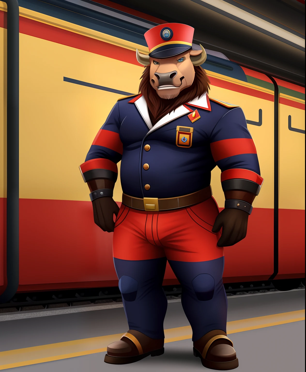 Railstormer the male anthro bison supervillain, train themed costume, full body view