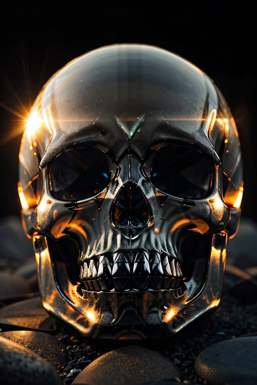 A crystal skull with coloring as if there were gasoline vapor on it, magnificent and detailed placed on a rock, we see the sun setting through transparency inside the skull