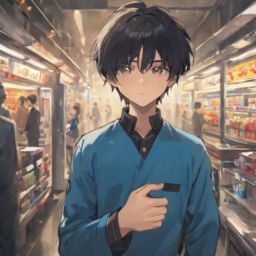 Handsome boy with black hair、Part-time job at a gas station、Blue uniform、Jack up the car、Working under the car、Looking up、Rear view