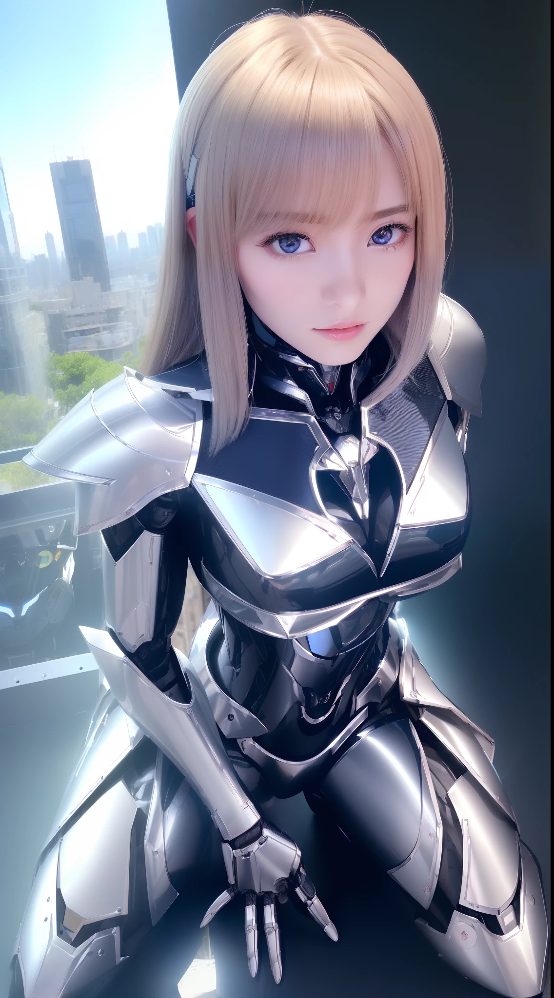 ((masutepiece)), ((top-quality), high quarity、ultra-definition, (Realistic), ((well proportioned face))、fulcolor 、(scientific fiction)、(独奏)、Beautiful robot woman、Combat Robots、(Perfect robot joint)、((Detailed electronic board))、((machine components))、White porcelain mechanical armor、(Oval curvaceous face)、(almond shape eyes)、thin mouth、deadpan、(Robot Hands)、(Outside the city)、Kneeling