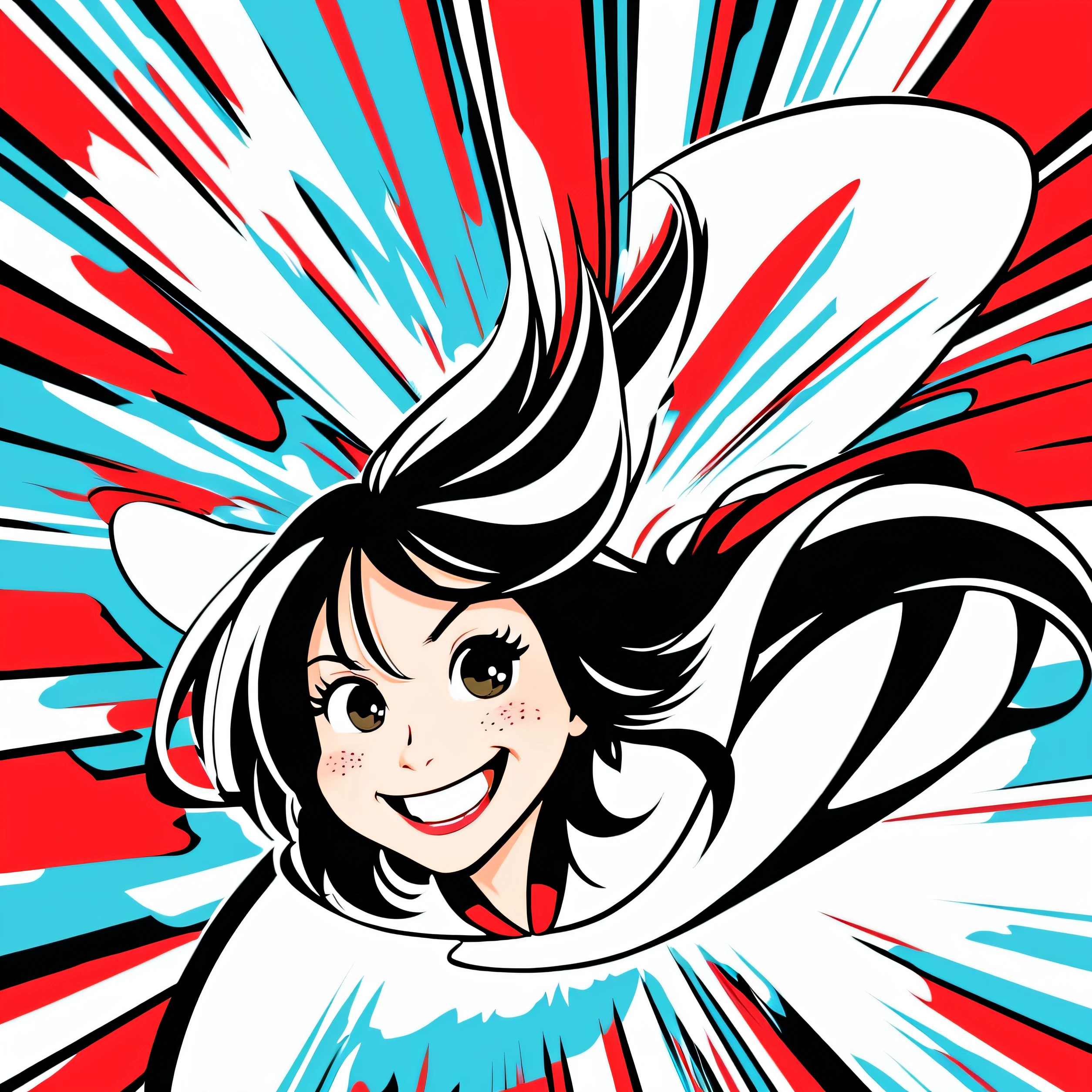 Cartoonish style。Illustrator。Japan woman at 60 years old１a person。Semi-long hair。Dashing from right to left at super fast speed。The background is a cartoon style with concentrated lines。amusing。a smile。happiness。