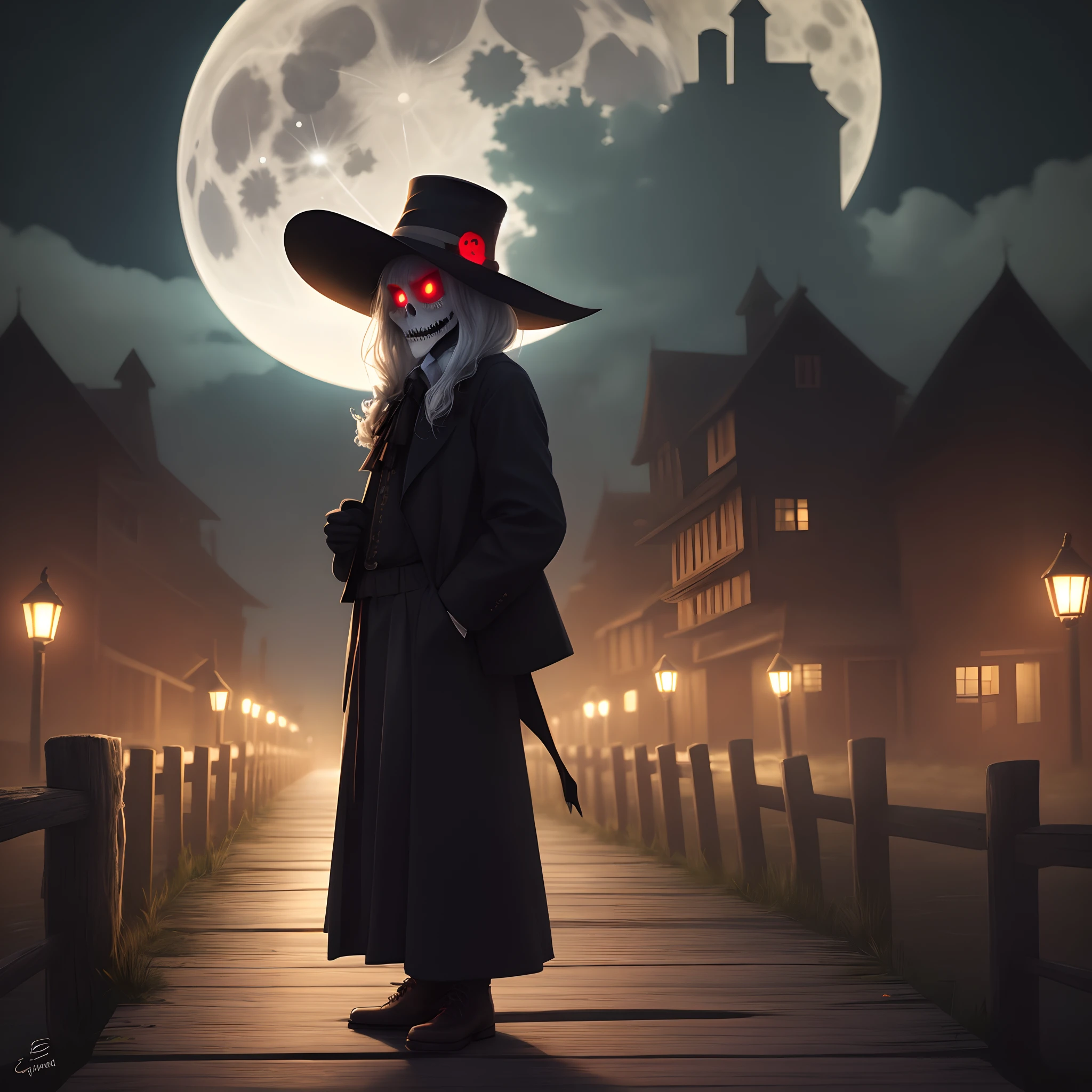 A dark, sinister red-eyed specter with a big hat stands in the center of a small old wooden bridge in the middle of a full moon night. Es una escena aterradora y macabra. Se ve de cuerpo completo. 8k. Imagen bien detallada y definida. Se puede oler a la muerte en el aire.