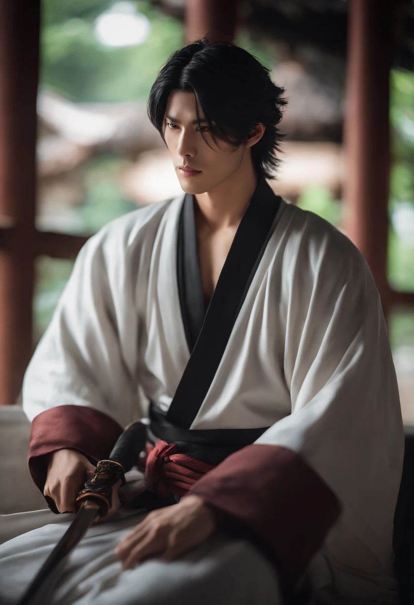 arafed image of a man with a sword and a sword, hijikata toushirou of gintama, yasuke 5 0 0 px models, handsome guy in demon slayer art, portrait shot, inspired by Wu Daozi, wearing a long flowing robe, takato yomamoto. 4 k, inspired by Cao Zhibai