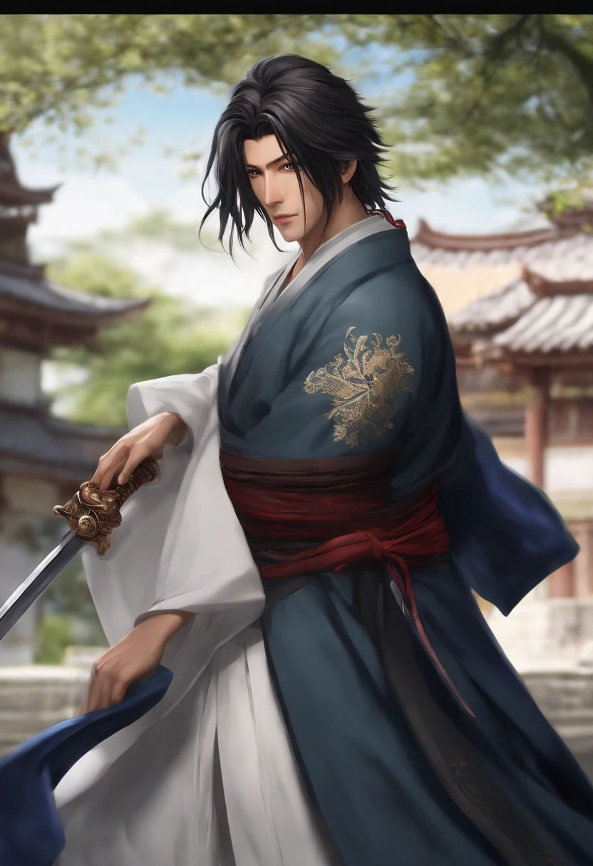 arafed image of a man with a sword and a sword, hijikata toushirou of gintama, yasuke 5 0 0 px models, handsome guy in demon slayer art, portrait shot, inspired by Wu Daozi, wearing a long flowing robe, takato yomamoto. 4 k, inspired by Cao Zhibai