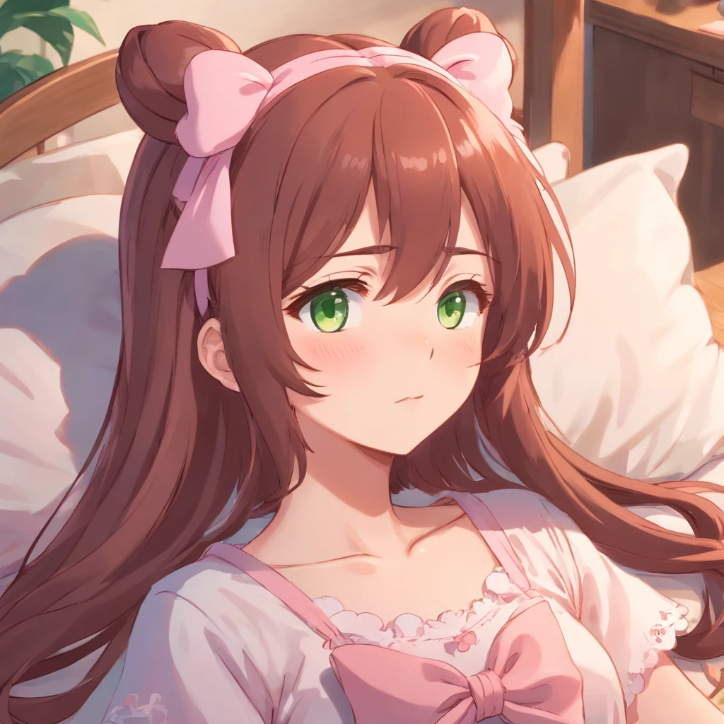 In the photo, an anime girl lying in bed. She has long reddish-brown hair, tied into two braids. She has big green eyes and small pink lips. She was wearing a light pink nightgown. On her head there is a red bow.
Here are some specifics about the photo::
* The girl was lying on her side on the bed, head resting on the pillow.
* She was closing her eyes and seemed to be asleep.
* Her nightgown had short sleeves and a round neck.
* The bow on her head is heart-shaped.
The photo has a dominant pink tone, creates a feeling of warmth and comfort. The girl in the photo looks beautiful and lovely. The photo can be used as wallpaper or avatar for electronic devices.
Here are some speculations about the content of the photo::
* The girl may be dreaming of something happy.
* She may be resting after a long day.
* She may be waiting for someone or something.