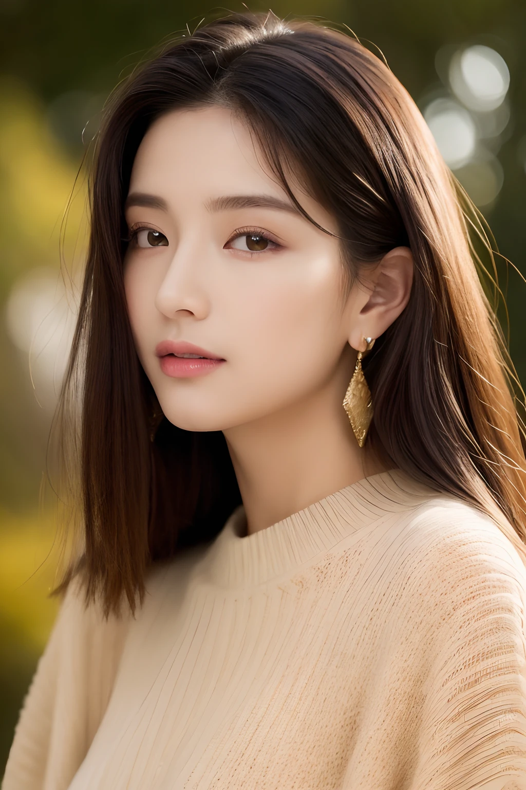((top-quality、8K、​masterpiece：1.3))、foco nítido：1.2、Beautiful Women in Perfect Style：1.4、Slender Abs：1.2、((A dark-haired、Colossal tits：1.2))、(natural soft light、mare:1.1)、Highly detailed facial and skin texture、A detailed eye、二重まぶた、Small diamond earrings、length hair、A sexy、celebrities、high price、refinement、ren、Beautiful、Beautie、Take a closer look、age 30s，Sweaters、autumnal、Colored leaves、Golden Ratio Face、