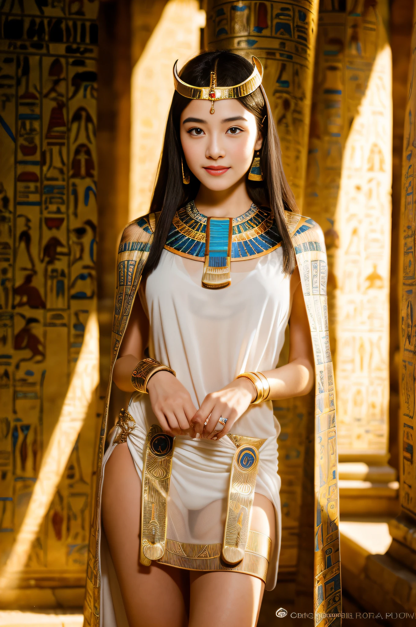 (((ancient egyptian Kalasiris))),(((ancient egyptian queen headpiece))),(((bib necklace))),(((bare inner thigh))),(((bangle))),(((ancient egypt traditional white sheer fabric cape))),ulzzang-6500-v1.1, (Raw photo:1.2), (Photo realistic:1.4), a beautiful detailed girl, extremely detailed eye and face, beautiful detailed eyes, ultra-detailed, High resolution, top-quality, masterpiece, highly detailed, 8k wallpaper, Wonderful, finely detail, top-quality, Light on the face,电影灯光,1girl in,(ancient egypt pyramids and sphinx),Beautiful eyes,smile,Opening Mouth
