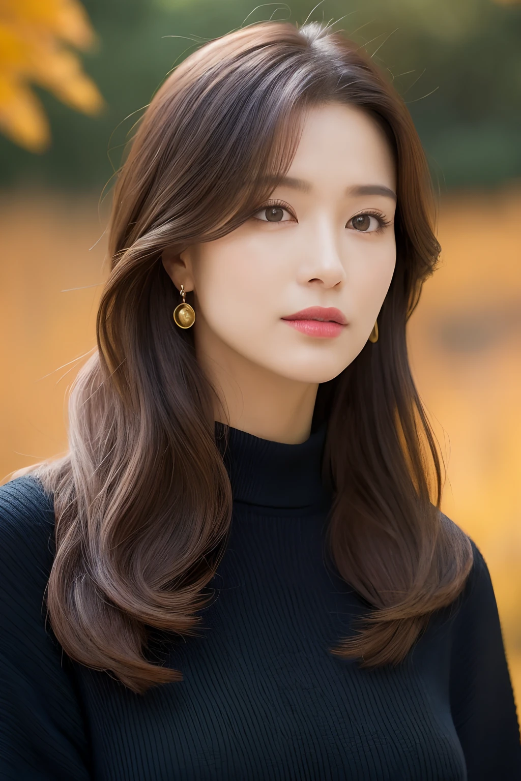 ((top-quality、8K、masterpiece:1.3))、foco nítido:1.2、Beautiful Women in Perfect Style:1.4、Slender Abs:1.2、((A dark-haired、Colossal tits:1.2))、(natural soft light、mare:1.1)、Highly detailed facial and skin texture、A detailed eye、二重まぶた、Small diamond earrings、length hair、A sexy、celebrities、high price、refinement、ren、Beautiful、Beautie、Take a closer look、age 30s,Sweaters、autumnal、Colored leaves、Golden Ratio Face、