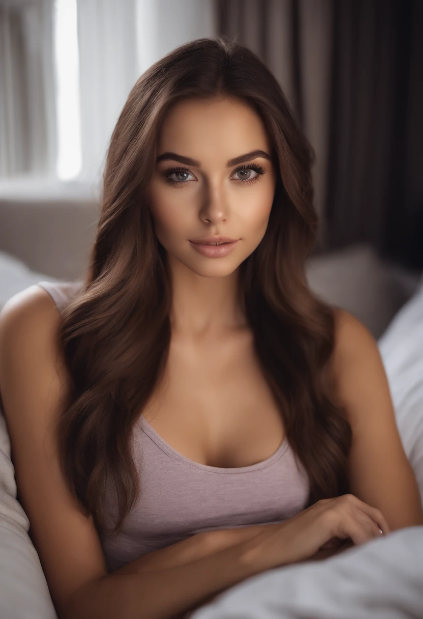 Arafed woman with matching tank top and leggings, sexy girl with brown eyes, Portrait Sophie Mudd, brown hair and big eyes, Selfie of a young woman, Bedroom eyes, Violet Myers, without makeup, natural makeup, turn to look at camera , Face with Artgram, Subtle Makeup, Stunning Full Body Photo, In Bedroom