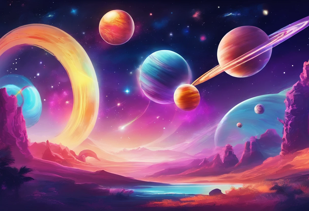 Paisagem fantastica em um planeta estrangeiro, a bright rainbow and planets with rings in the sky