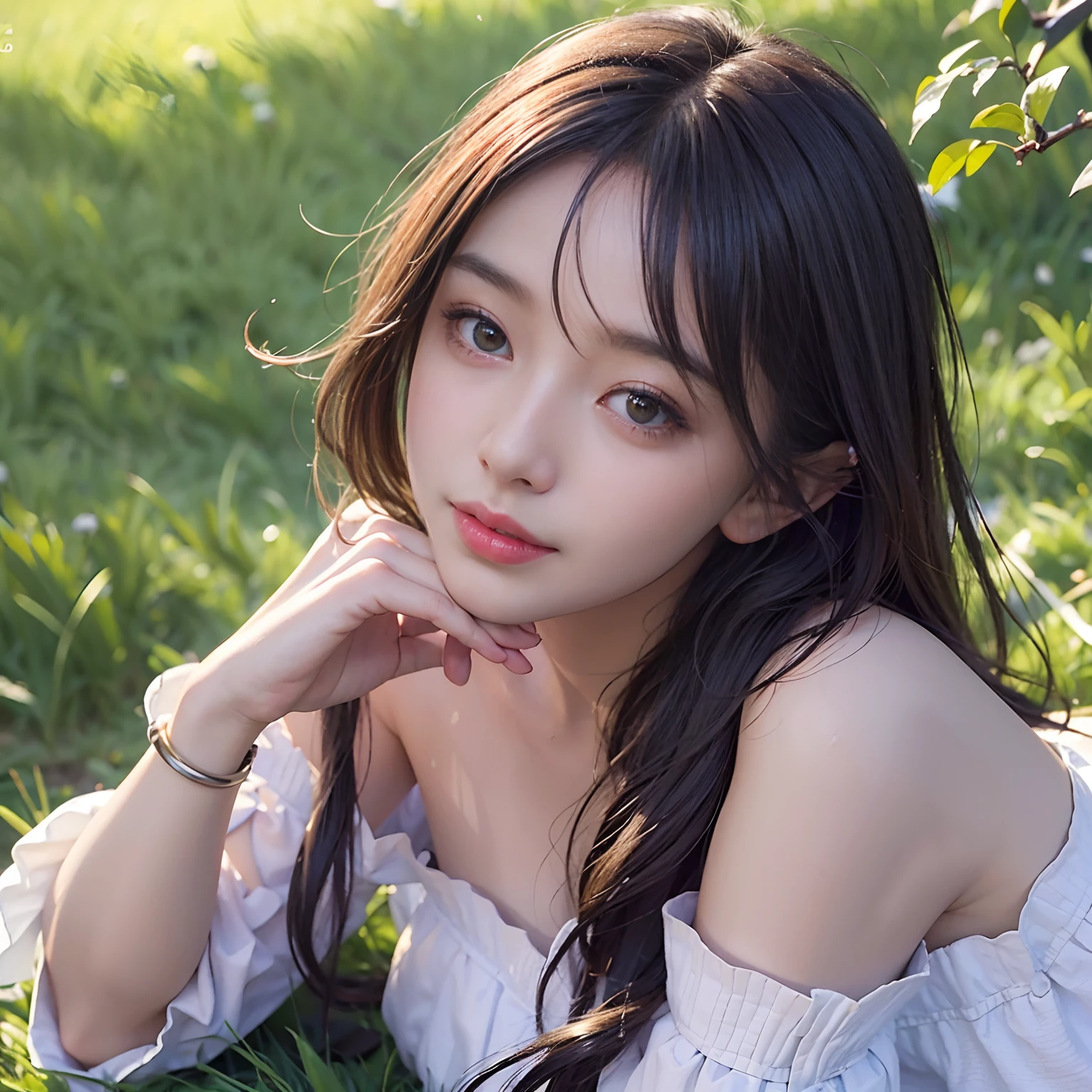 (8K、Raw photography、Photorealsitic:1.25)、(lipgloss、Eye lashes、15yo student、1little girl、Glossy finish、Glossy skin、top-quality、超A high resolution、depth of fields、chromatic abberation、Caustics、Wide light、Natural Shadow)、look with serenity and goddess-like bliss to the spectators、