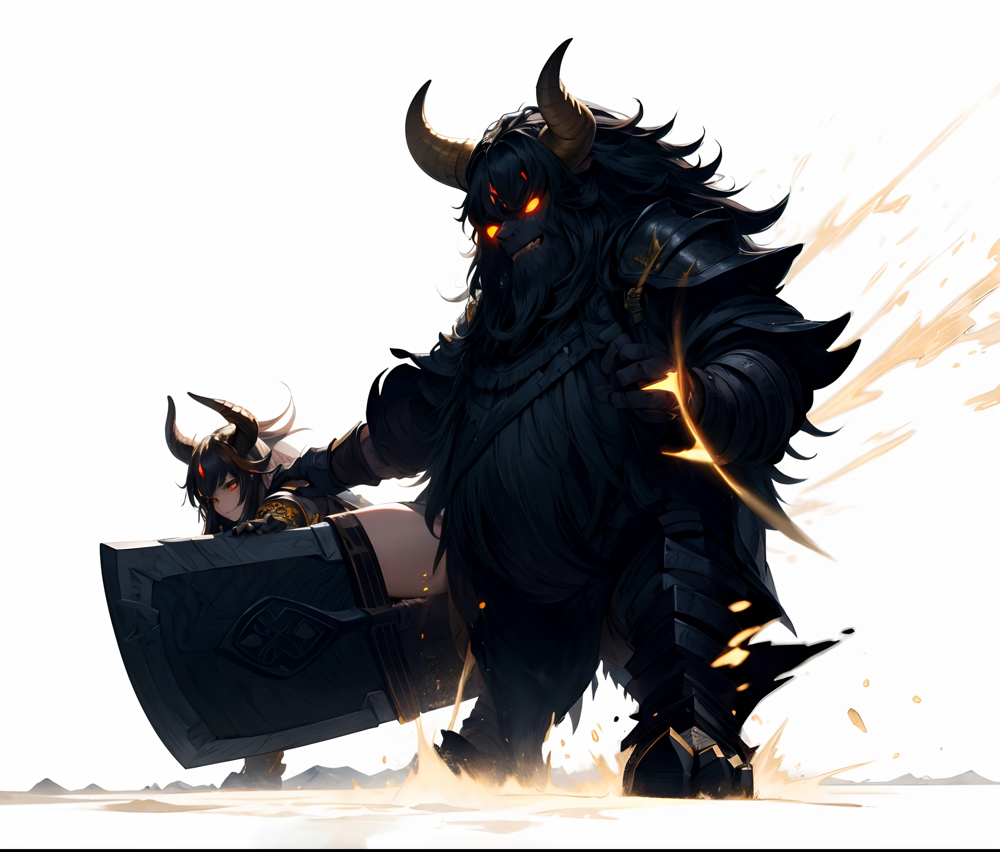 tauren,The height is like a majestic mountain,The eyes are shining with gold,Dressed in terrifying black armor,Stepping on the black cloud, holding a giant axe,The body exudes the breath of death。