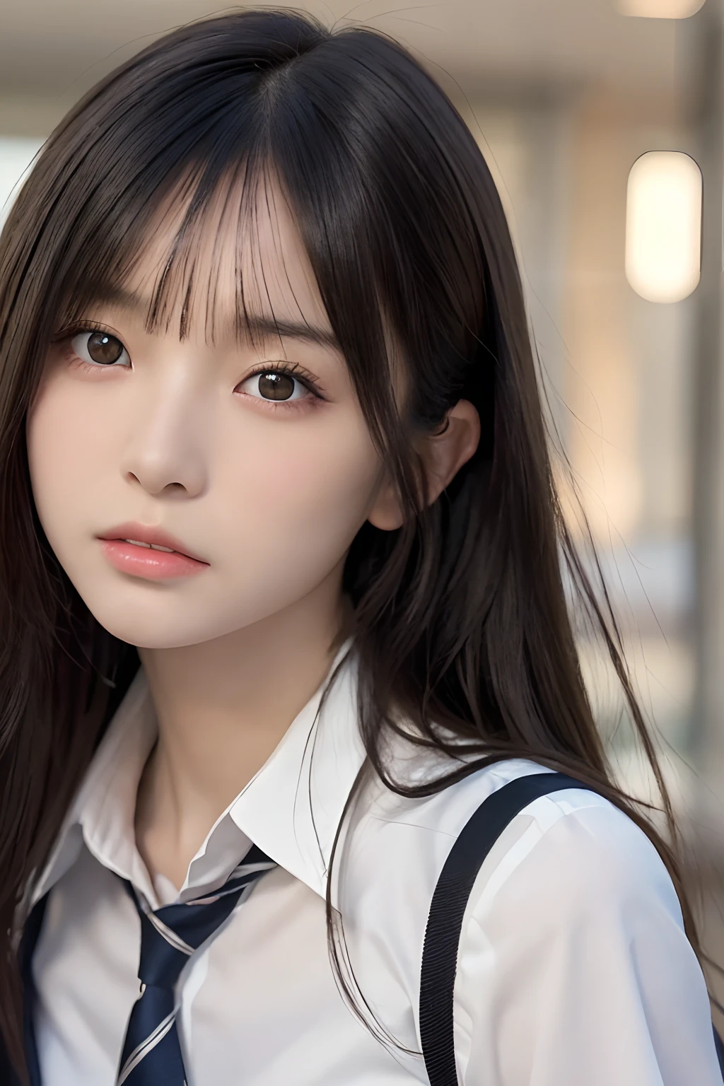 (masutepiece:1.3), (8K, Photorealistic, Raw photo, Best Quality: 1.4), Japanese, (1girl in), Beautiful face, (Realistic face), (Black hair), Beautiful hairstyle, Realistic eyes, Beautiful detailed eyes, (Realistic skin), Beautiful skin, Attractive, 超A high resolution, A hyper-realistic, Highly detailed, Golden ratio,School uniform.