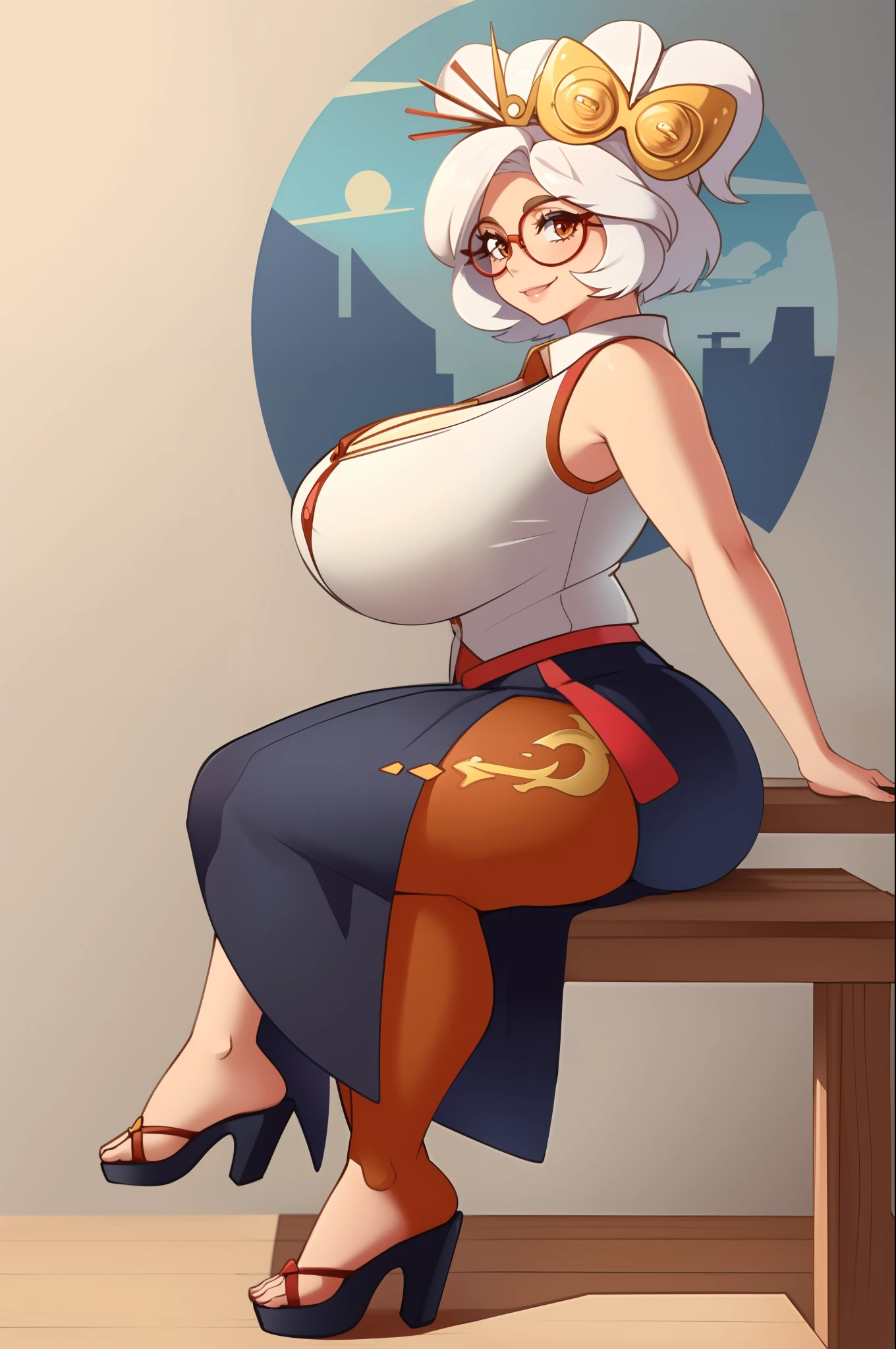 masterpiece, best quality, purah, red glasses, hair ornament, sleeveless shirt, black skirt, orange leggings, high heels, sitting, from side, looking at viewer, smile
