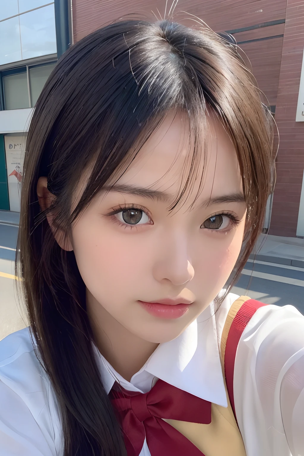 bright expression、photorealisim、top-quality、超A high resolution、a picture、Photos of the most beautiful Nordic girls、Detailed cute and beautiful face、a small face、(pureerosface_v1:0.008)、Beautiful bangs、alice in the wonderland、18year old、Glowing white shiny skin、Hair tangled in the face、Bangs that extend to the face、bangss、Hair between the eyes、Super long hair、Attractive brown silky hainer hair、Beautiful bright and clear light blue eyes with a charming sparkle、School Uniforms、student clothes、Korean Makeup、eye liner、Double eyelids、ample breasts、Dynamic Pose