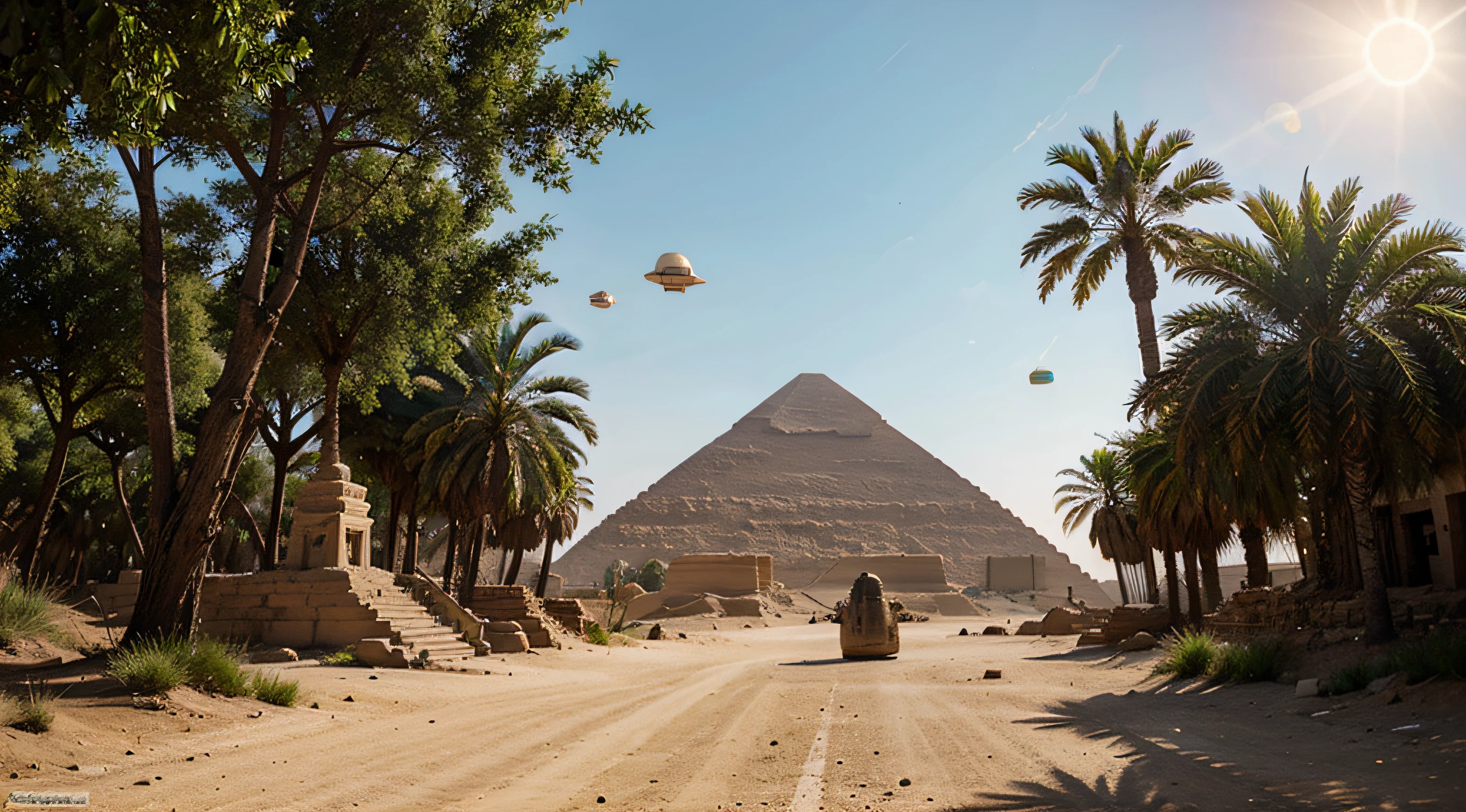 Create an Egyptian-style alien scenario with only nature and UFOs