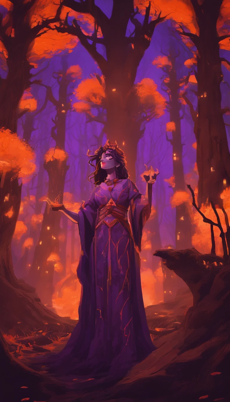 "(best quality, highres, ultra-detailed), The goddess casting mystical glowing spells in a haunted forest, orange and purple hues, portraits, vivid colors, extreme detail description, sharp focus, physically-based rendering, studio lighting, horror, witch, magical, eerie atmosphere, swirling fog, ethereal glow, ancient trees, twisted branches, moonlit sky, mysterious shadows, spellbinding, enchanting, hauntingly beautiful"