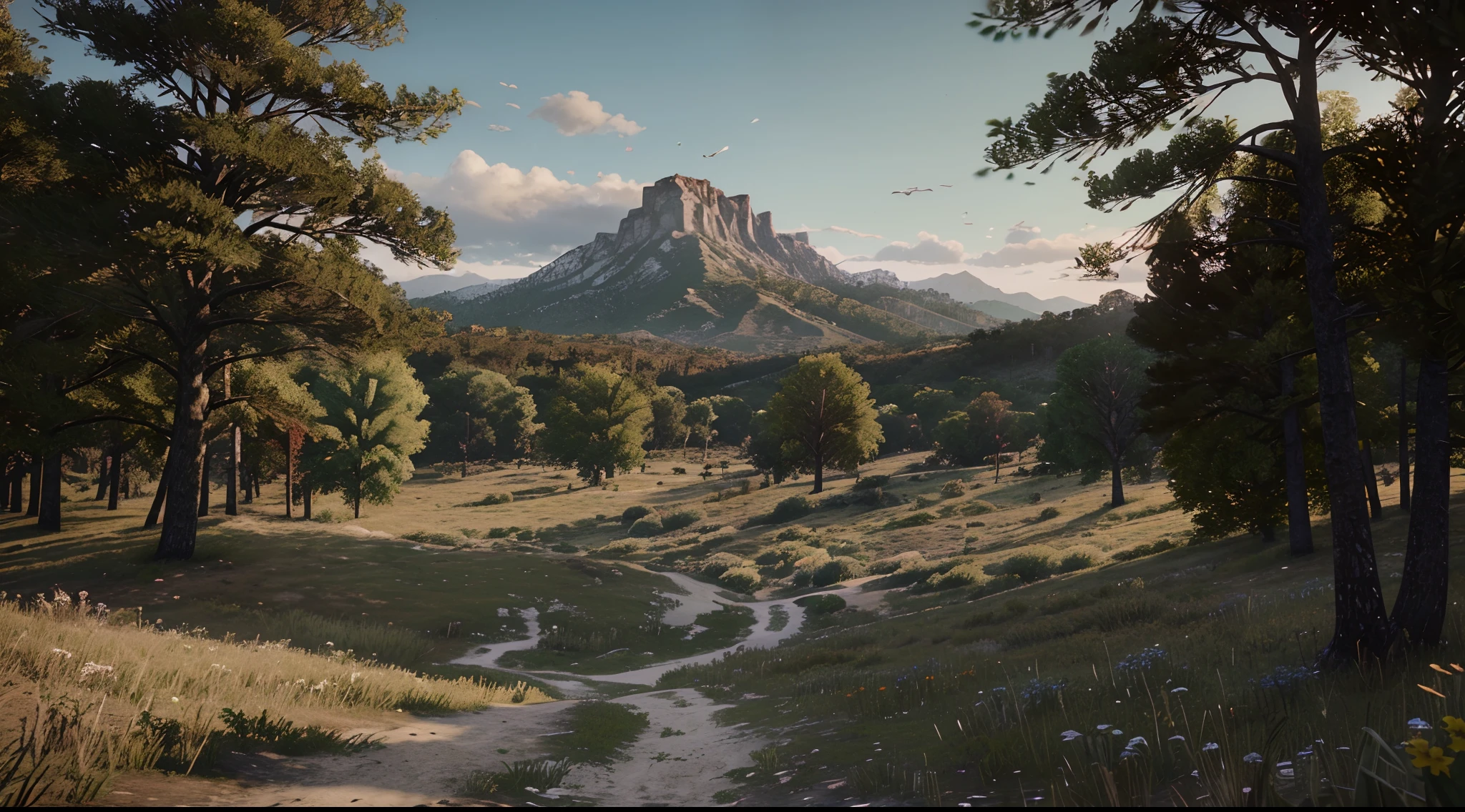 Crie uma imagem de plano de fundo exclusiva com o tema Red Dead Redemption 2. Alta qualidade, com paisagem relacionada a Nova Hanover (floresta, montanhas verdes, pastagens, caminhos de terra, rios, passaros voando, veados pastando).