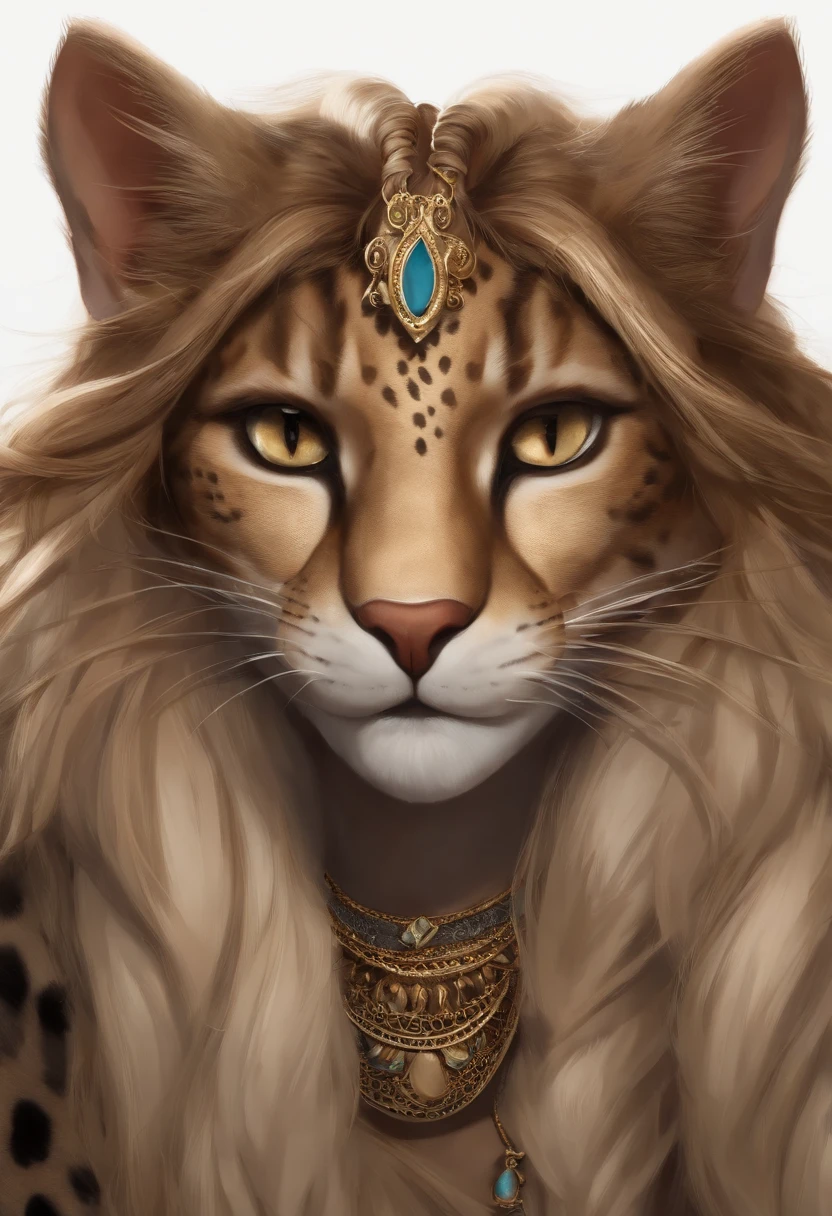 Detailed, stylized, semi-realistic, digital illustration, artstation, (((khajiit))), elder scrolls, tabaxi, (((cat))), (((furry))), ethereal, (((long hair))), (((braids))), wavy hair, curly hair, doe eyes, long lashes, (((fur))), (((leopard spots))), feline ears, fantasy, feline face, ethnic fashion, indian fashion, bright colors, jewelry, gold jewelry, earrings, piercings, (solo), one person, Eye-Level Shot, f/4.0, 135mm, Fujifilm, jpeg artifacts, dithering, UHD, masterpiece
