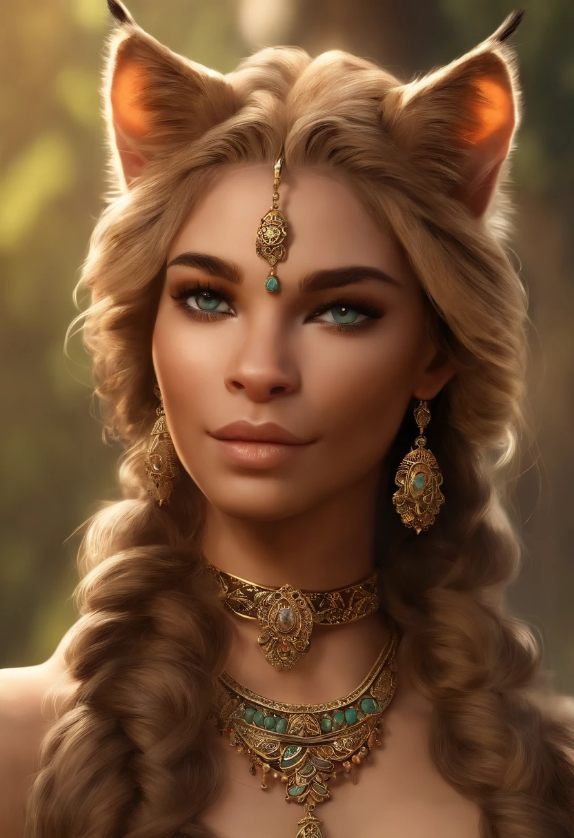 Detailed, stylized, semi-realistic, digital illustration, artstation, (((khajiit))), elder scrolls, tabaxi, (((cat))), (((furry))), ethereal, (((long hair))), (((braids))), wavy hair, curly hair, doe eyes, long lashes, (((fur))), (((leopard spots))), feline ears, fantasy, feline face, ethnic fashion, indian fashion, bright colors, jewelry, gold jewelry, earrings, piercings, (solo), one person, Eye-Level Shot, f/4.0, 135mm, Fujifilm, jpeg artifacts, dithering, UHD, masterpiece