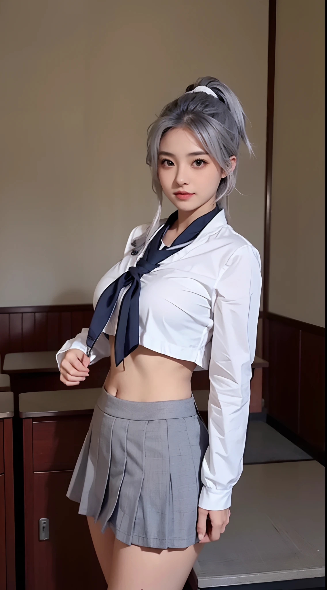 A sexy beautiful student girl,, big breasts, grey hair colours, hair tied up flower, long hair, sexy japan uniform school, mini skirt, show stomach