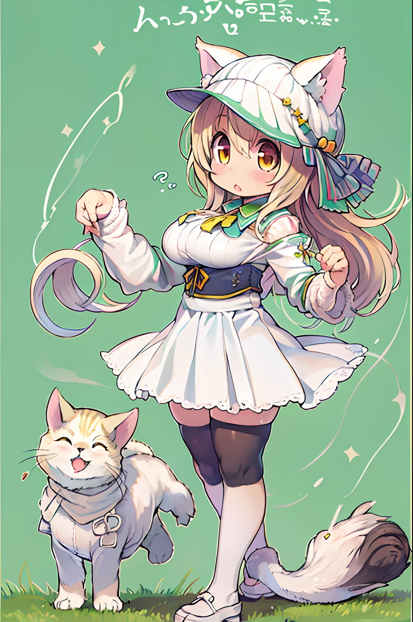 Anime girl in skirt and cat-eared hat, small curvy loli, Kantai Collection Style, nyaruko-san, cute anime catgirl, Chic, kancolle, anime catgirl, White Cat Girl, Nekomimi, oppai, Ecchi anime style, marin kitagawa fanart, shikamimi、Chibi、bbw、Ultramammy、huge-breasted