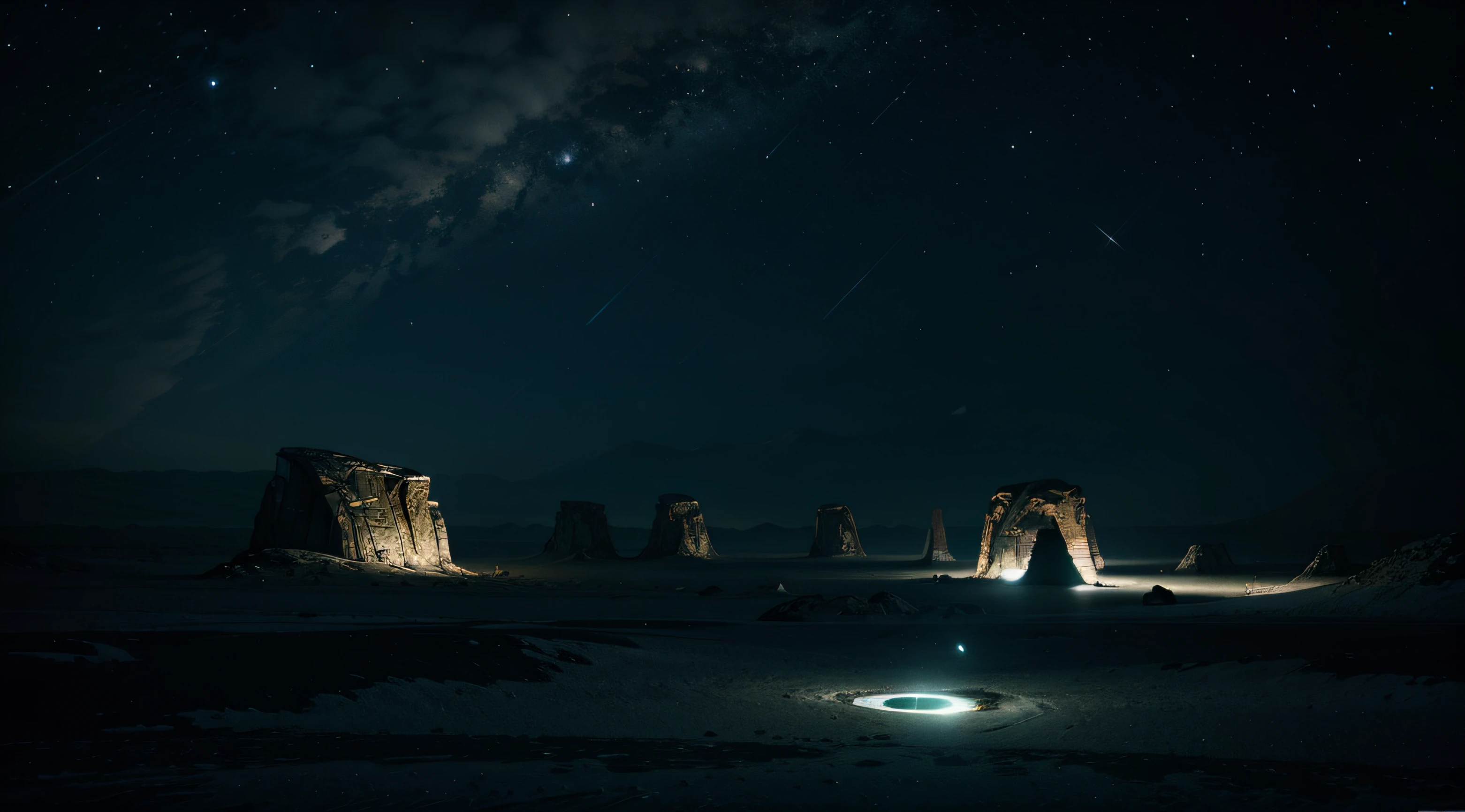 Create an alien landscape at night, with details of lights in the sky