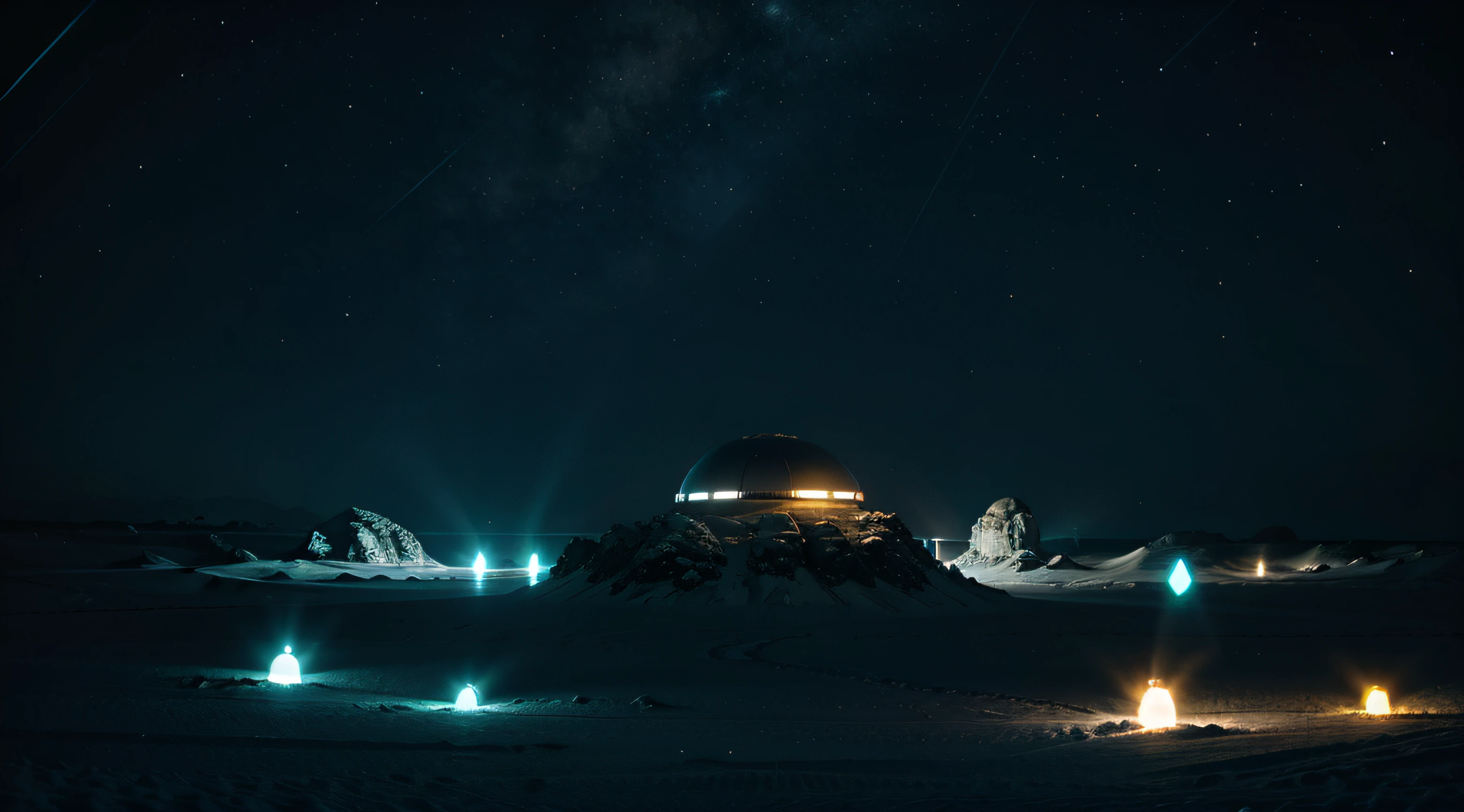 Create an alien landscape at night, with details of lights in the sky