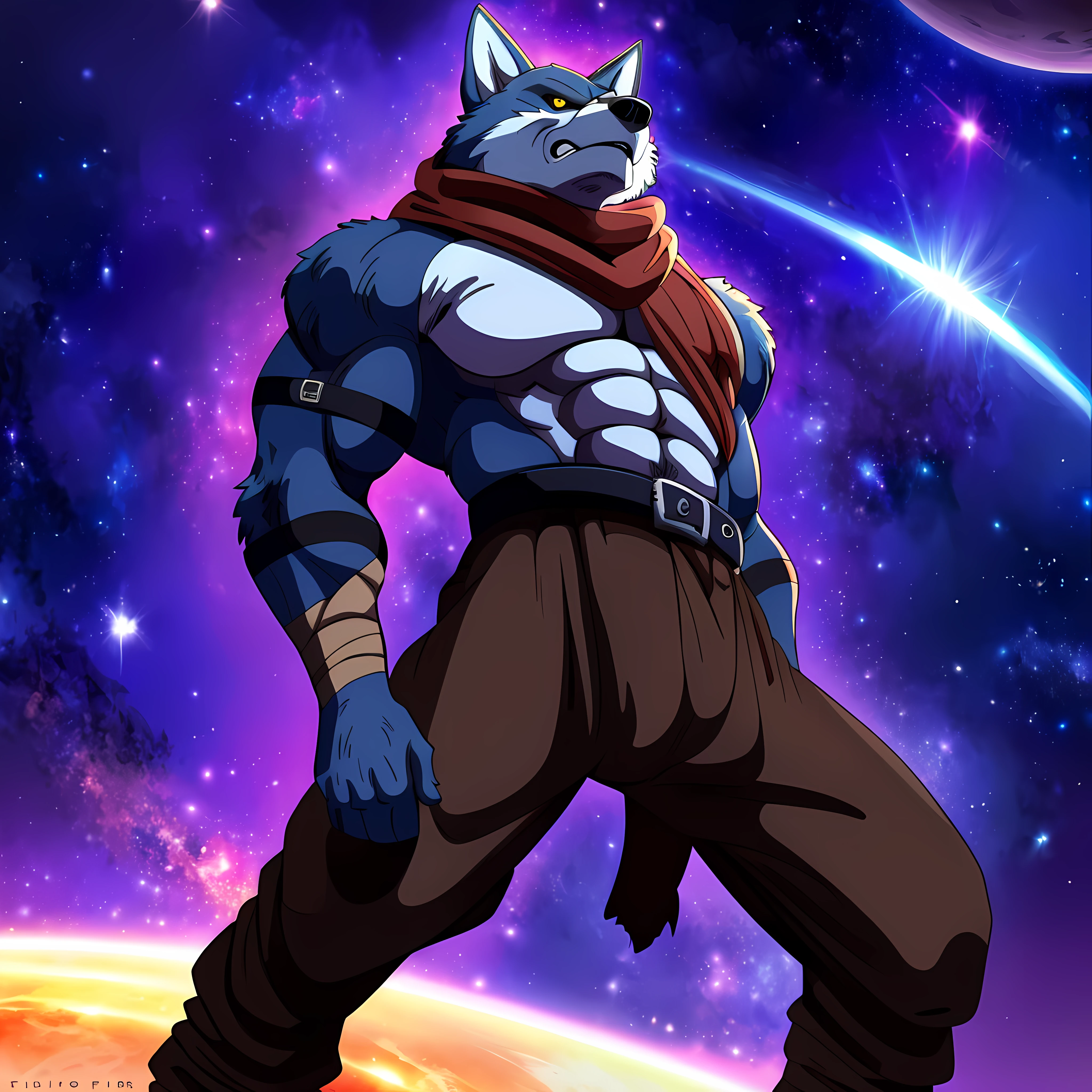 Bergamo_DB, posing for the camera, showing off. 4k, high resolution, best quality, posted on e621, solo, anthro body, male, adult, masculine, (very muscular:1.0), taran fiddler anatomy, (space clouds, galaxy, stars:1.0), confident, strong, (long wolf tail:1.0), (pants, belt:1.0), strong pose, (dramatic lighting, glow, backlight:1.3), spread legs, scarf, (cel shaded, cartoony coloring, cartoony shading:1.2)