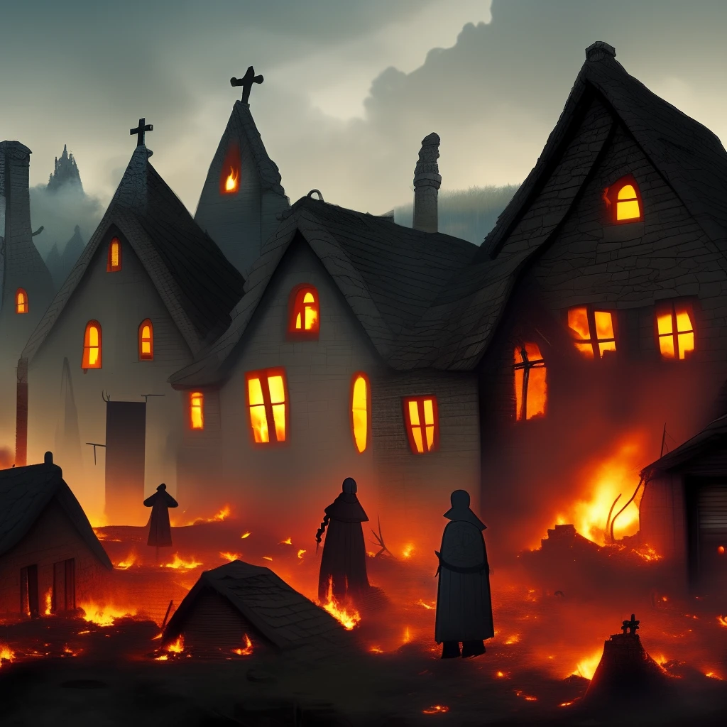 A village's houses background. filled with dead bodies, fire and in the center there is a knight standing on a dead body