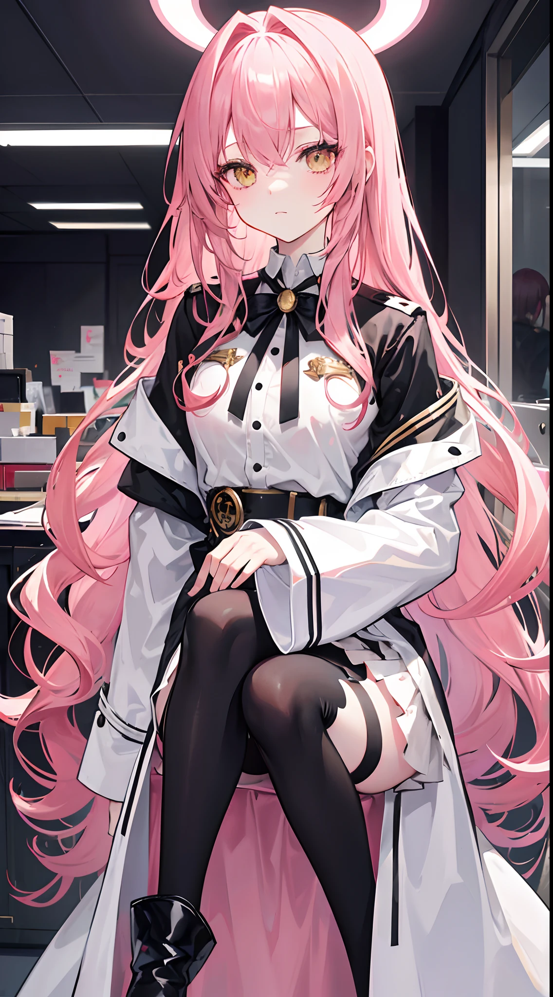 Long pink hair to the waist，The hair curtain is messy，Golden eyes，Hair scattered behind him and on his chest，White lining，Large black coat，Company uniforms，ol，In the office，black short skirt，The short skirt is short，Black over-the-knee stockings，A faint smile，chiquita
