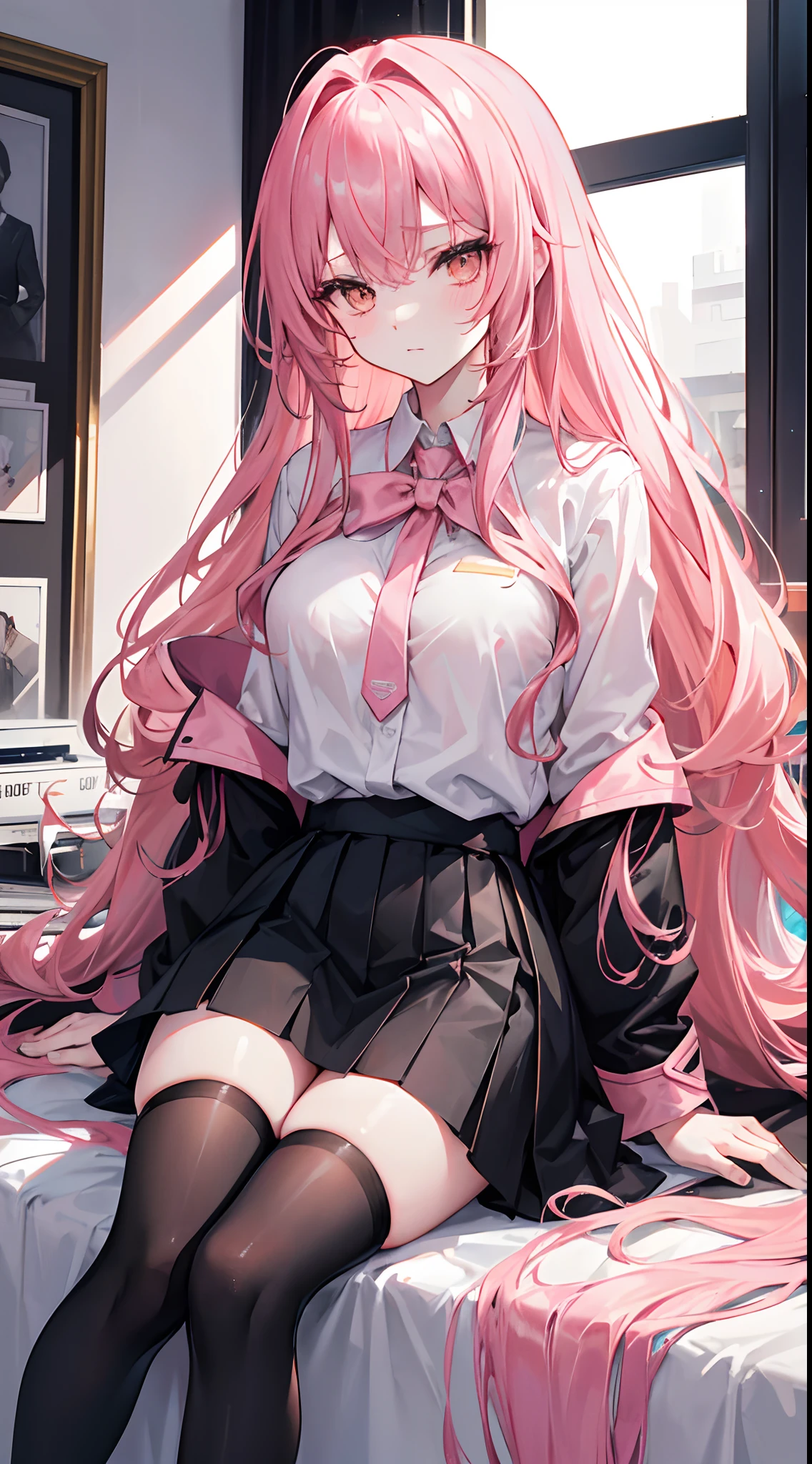 Pink White Long Hair,Microvolumes,dual horsetail,,huge tit,Pink eyes,chiquita,Hair curtains,sit on chair,In school,Holding Erlang's legs,Bare legged,close-up on legs,Long legs,A bottom-up perspective,hand on leg,,Clothes soaked with sweat,The chest is high,The look of holding your head up and your chest up,Wears white off-the-shoulder short sleeves,a black skirt