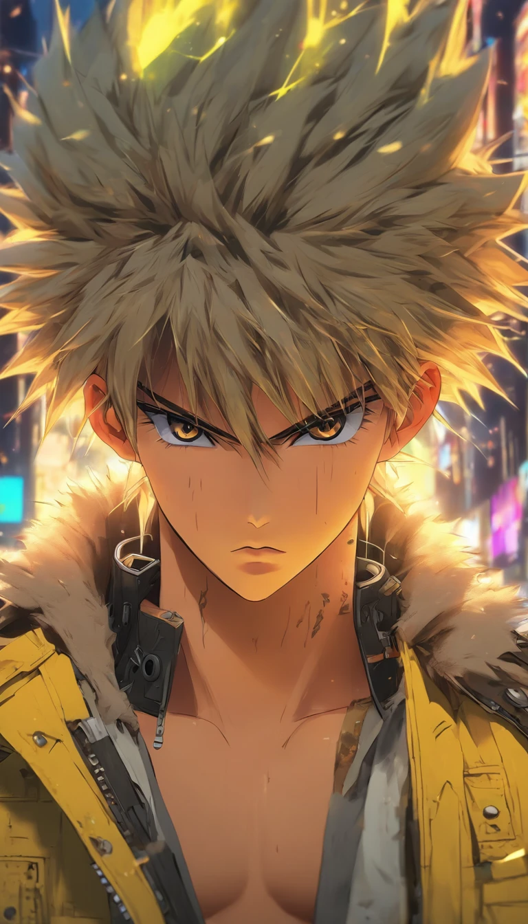 RAW photo, a close up portrait photo of 20 y.o 1boy, solo, realistic,shirt,jacket, cyberpunk, spiked hair,brown hair, yellow jacket, background is city ruins, (high detailed skin:1.2), 8k uhd, dslr, soft lighting, high quality, film grain, Fujifilm XT3, highly detailed background