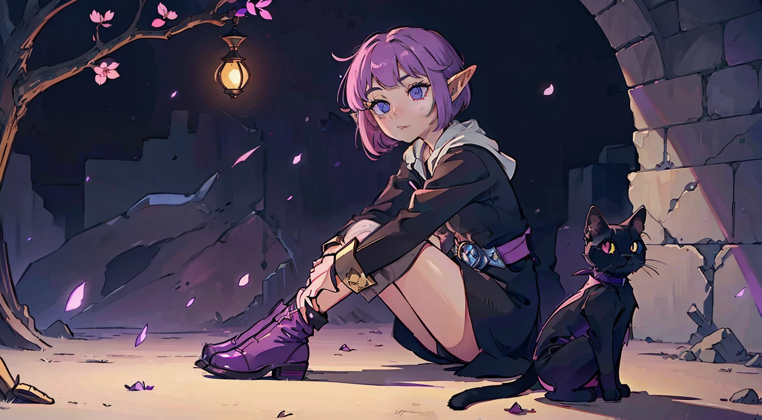 young 1woman elf and black cat, sitting, pink and violet short hair, neutral background, Masterpiece, Best Quality, (Highres) (original) , (very detailed wallpaper) , very, hard shadows, Cinematic shot, dramatic lighting