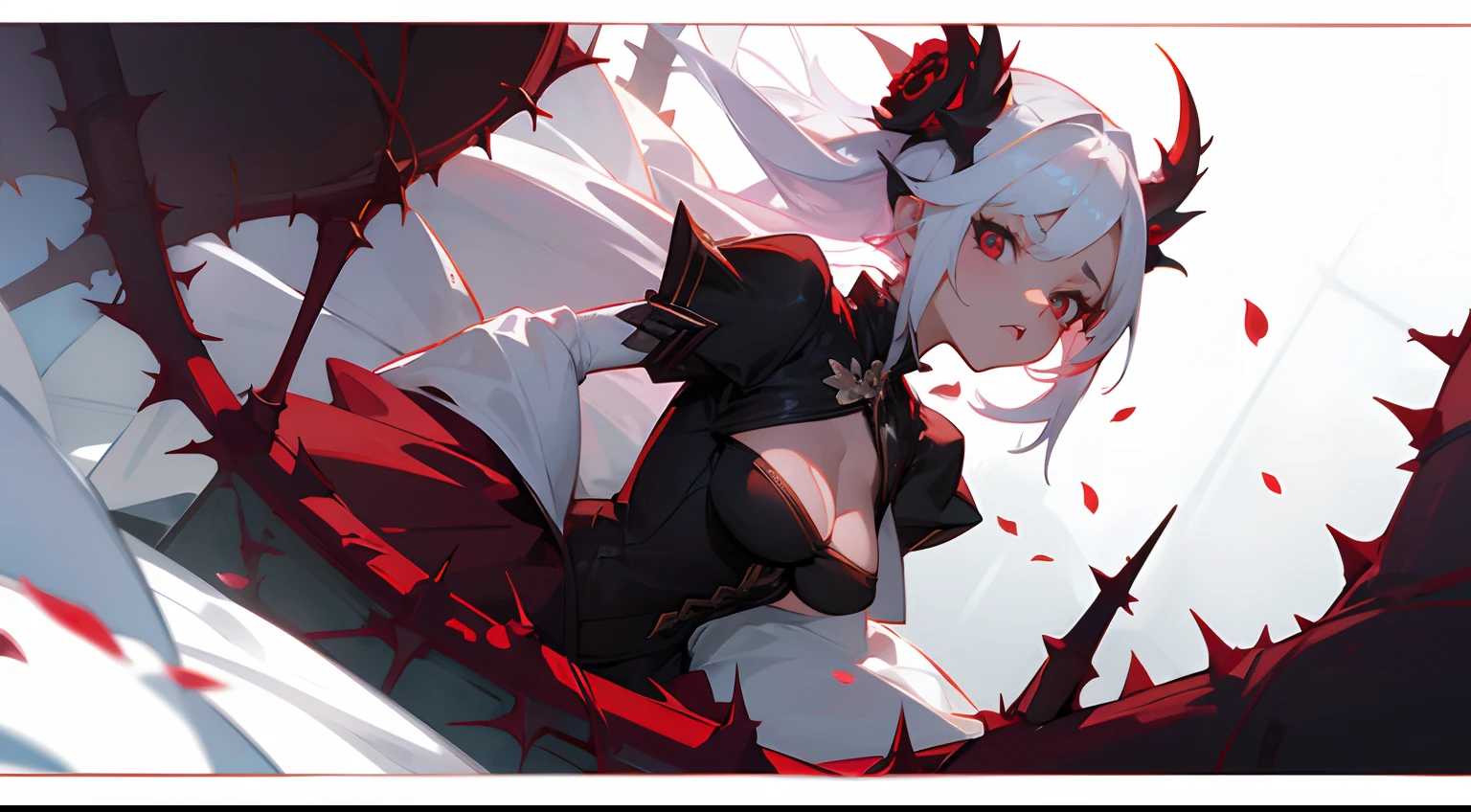 a throne，1个Giant Breast Girl，lots of roses，Thorns， red eyes，Fierce expression，White color hair，petals，Side angle，The upper part of the body，Semi-dark, Semi-gloss，Support your face with one hand