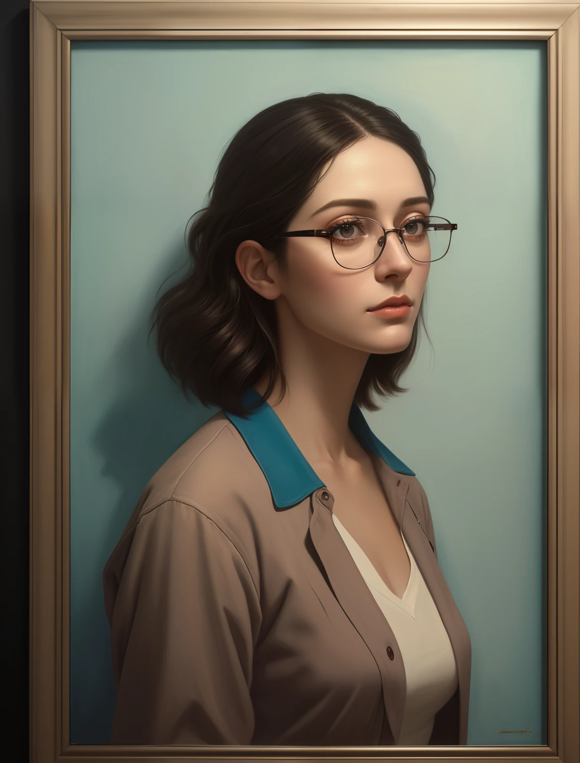 Glasses, Eyeliner, big eyelashes, Pastel, beautiful, a woman stepping out of a picture frame, female person climbing out of canvas, normal clothes, half painted look, part painting, part reality, nestor canavarro hyper realistic, clothed, portrait, raphael hopper, a photorealistic painting, high detail alex colville, hyperrealism painting, hyperrealism self portrait, bo bartlett, inspired by William Michael Harnett, by Scott Gustafson, hyperrealism concept art
