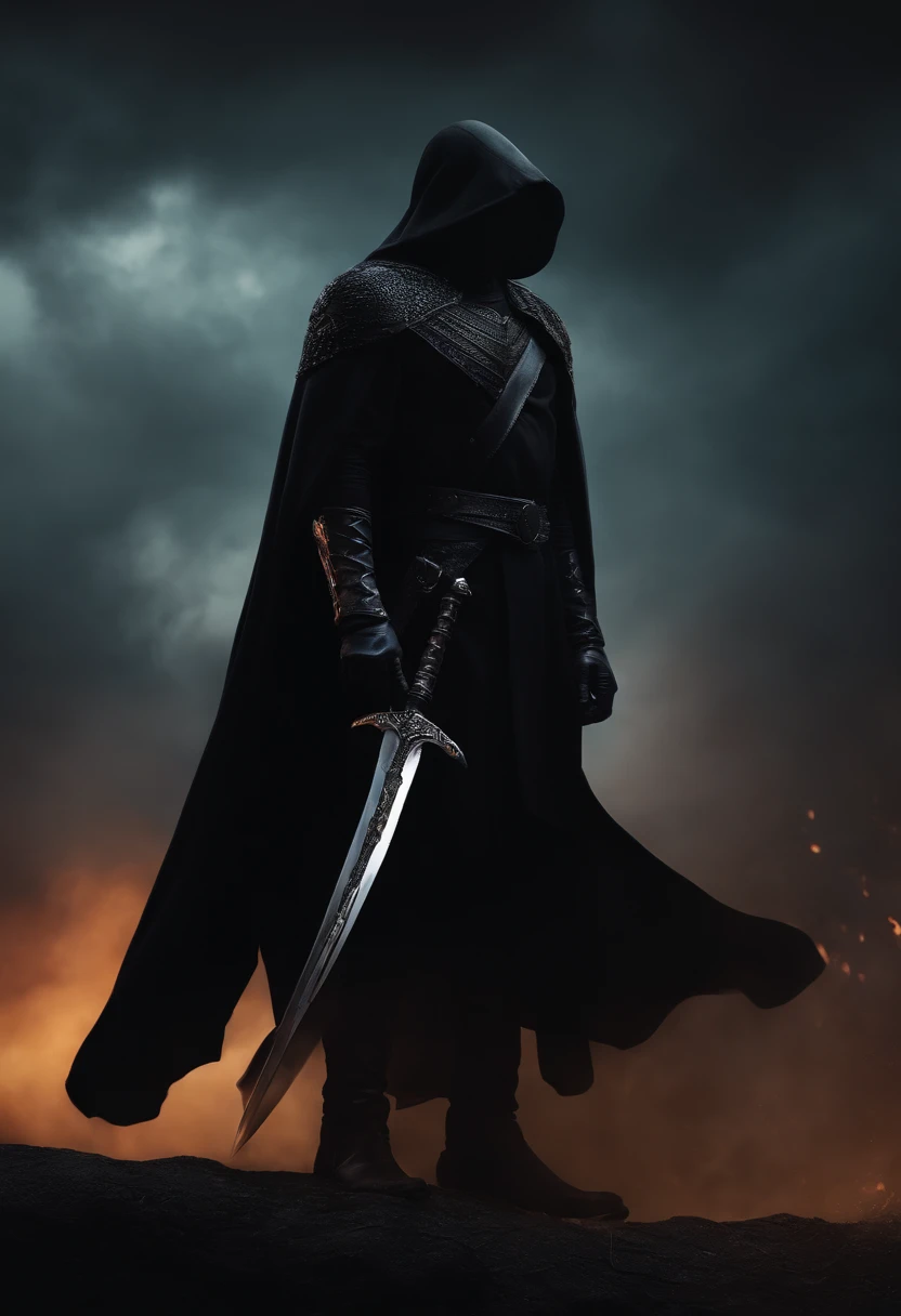 man in black future arm and sit in stand or right hand take a dark sword