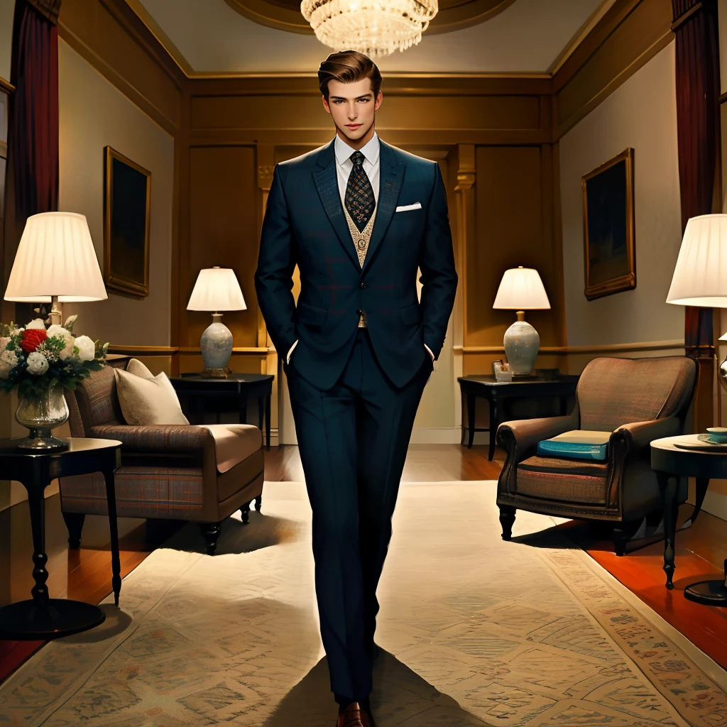 The character is standing in the living room, seeing off the guests, Brown hair, Mid-Sea Appearance, handsome male, elegant pose, in a striped tweed suit, The surroundings exude tranquility and luxury, ( Old Money Style Image)