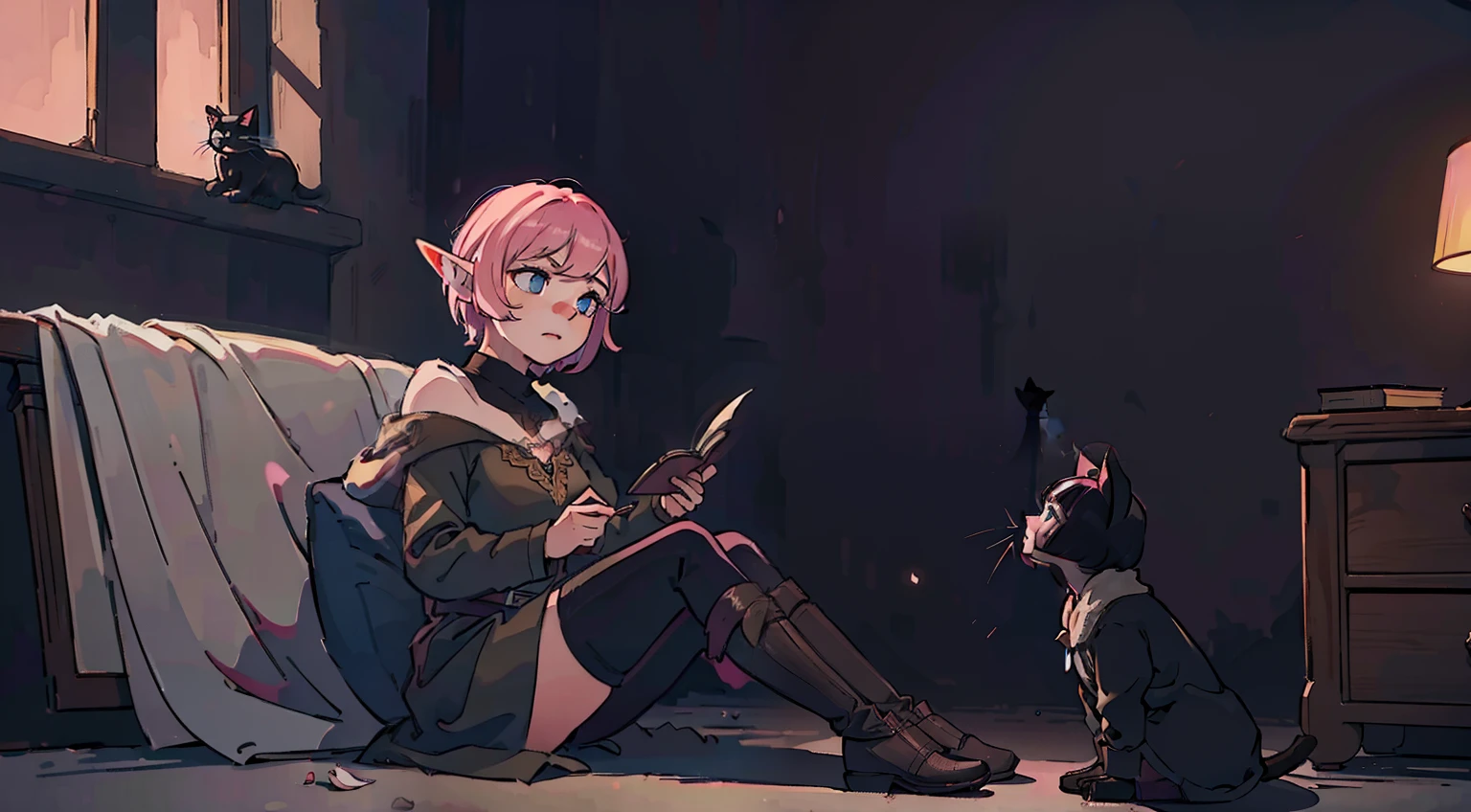 Young 1female elf and black 1cat, sitting, pink short hair, Neutral background, Masterpiece, Best Quality, (hight resolution) (Original) , (very detailed wallpaper) , very, hard shadows, Cinematic shot, dramatic  lighting