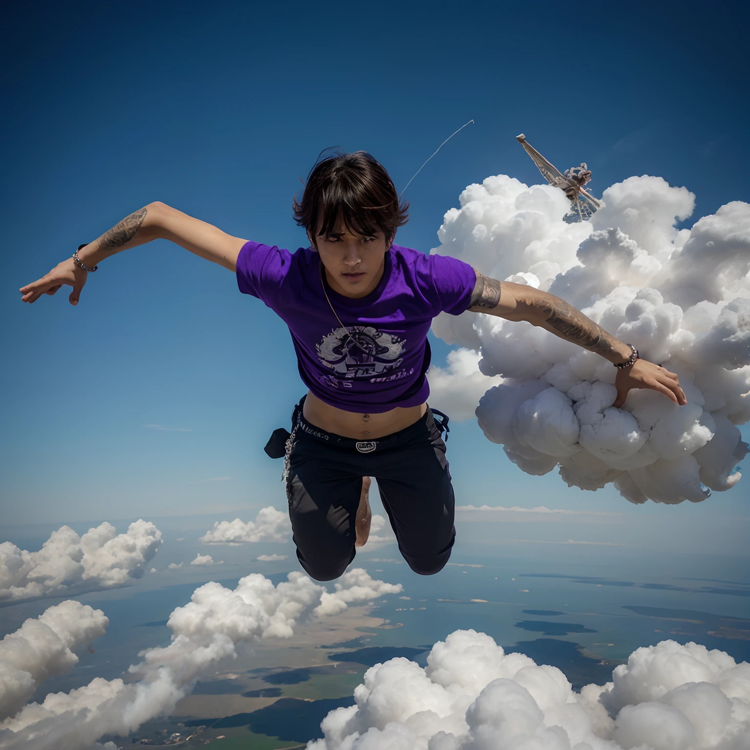 JJK, Gojo, flying in the sky, 2 arm, 2 legs, smoking weed, hollow purple.