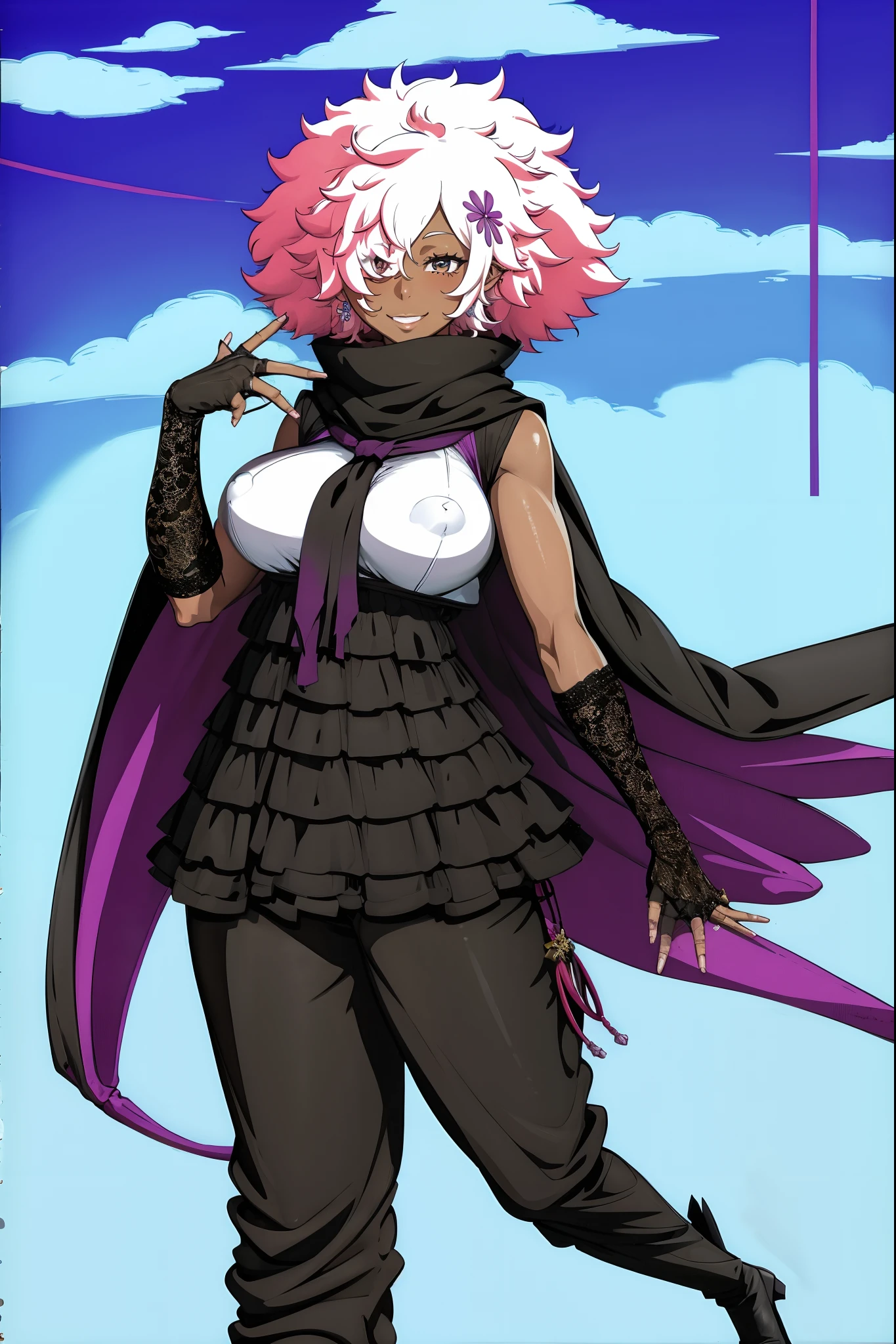 masterpiece, highres, best quality, 1girl, solo, shinobu jacobs, white hair, (big hair, messy hair, afro:1.2), hair over one eye, thick eyelashes, dark skin, looking at viewer, large breasts, black dress, NMH2, lace, fingerless gloves, scarf,bimbo, huge breast, curvy, full body, pants, cloak,, boots, pullover, robe, smile,vest, robe,pants, standing,pullover, ninja costume, gloves, gauntlets,black body suit