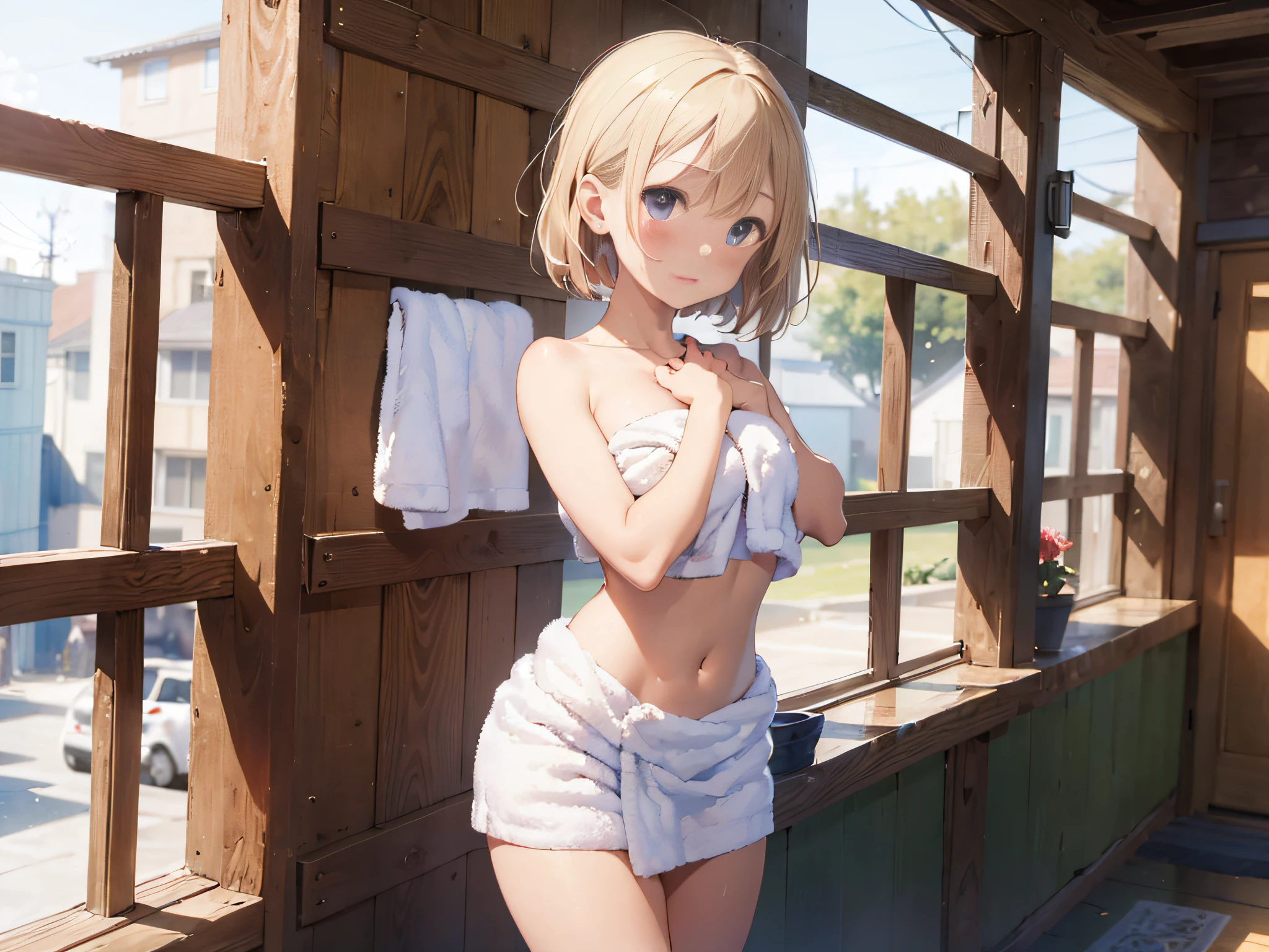 (masterpiece:2.0), (top-quality:2.0), (Very small white towel:1.5), (Super Sexy Pose:1.5), (Lean forward:1.5), (blushed face:1.3), (hide crotch with hands:1.3), (Ultra-thin fabric:1.5), (Realistic:1.5), under the boobs, You can see on the side, Naked, 1 little girl, Precise little hands, Embarrassed look, A face embarrassing to look at me, Open mouth, a very pretty girl, Innocent face, Young Face, Clear eyes, Shining eyes, tiny chest, shoulders can be seen, Tummy is visible, I can see the cleavage, The stomach is visible, the lower abdomen is visible, buttocks visible, The crotch is visible, No pubic hair, Dynamic Posing, Beautiful skins, ultra-definition, Top resolution